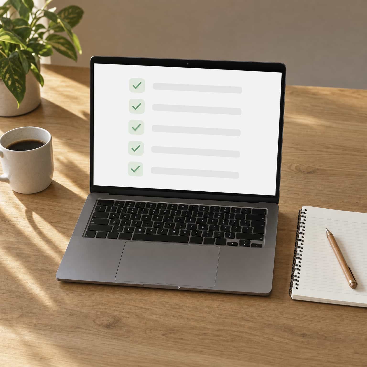 Laptop on a desk showing an abstract task qualification screen with a checklist next to a notebook