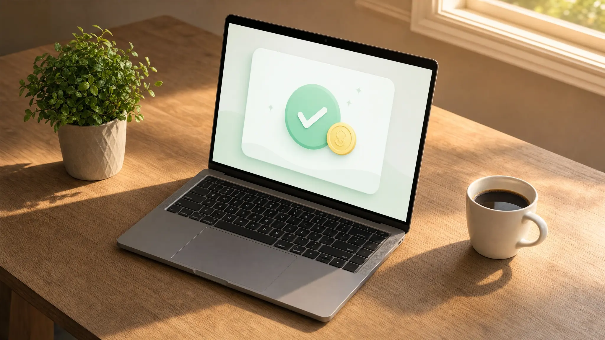 Laptop sobre un escritorio mostrando un panel abstracto de pago confirmado junto a una taza de café