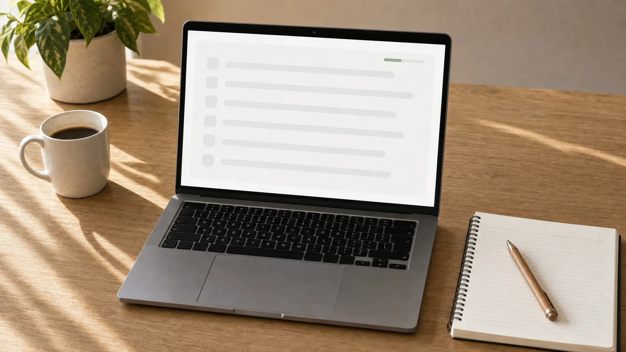 Laptop sobre un escritorio con una pantalla de evaluación abstracta y un panel de consigna de escritura al lado de un cuaderno