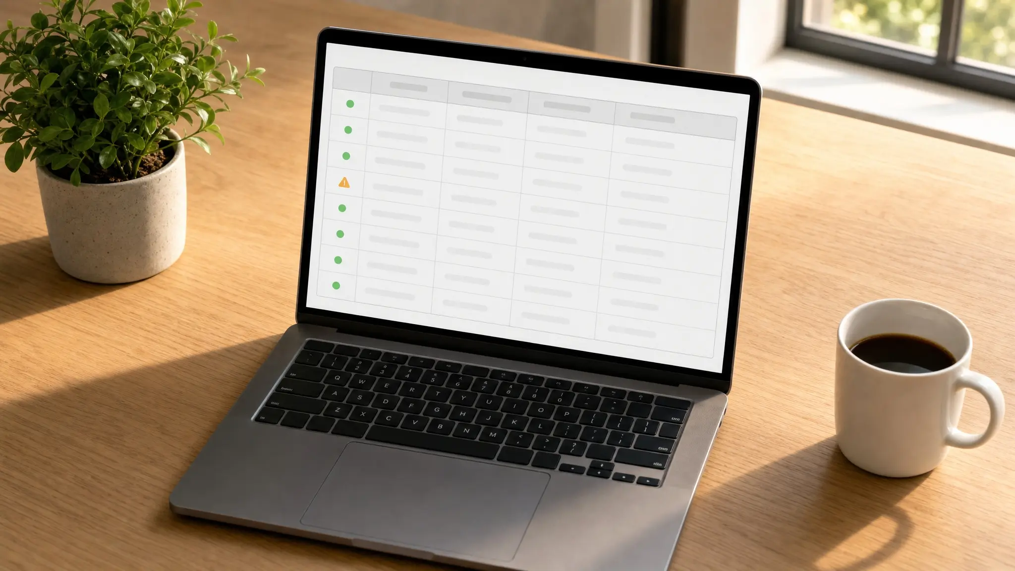 Laptop showing an abstract table with one row flagged by an amber warning marker