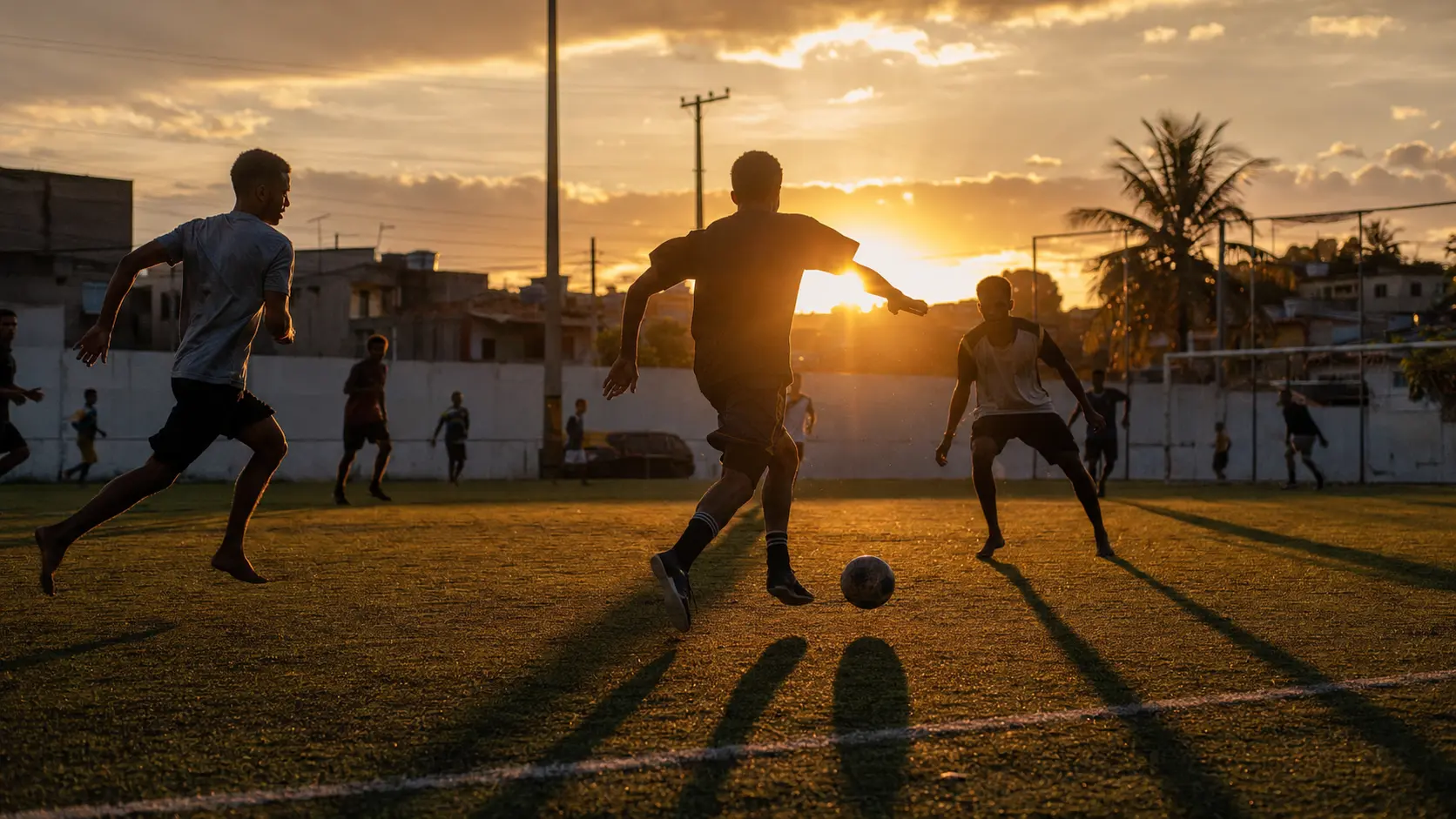 Cancha de fútbol amateur con el sol bajo de la tarde detrás de los jugadores creando un fuerte contraluz