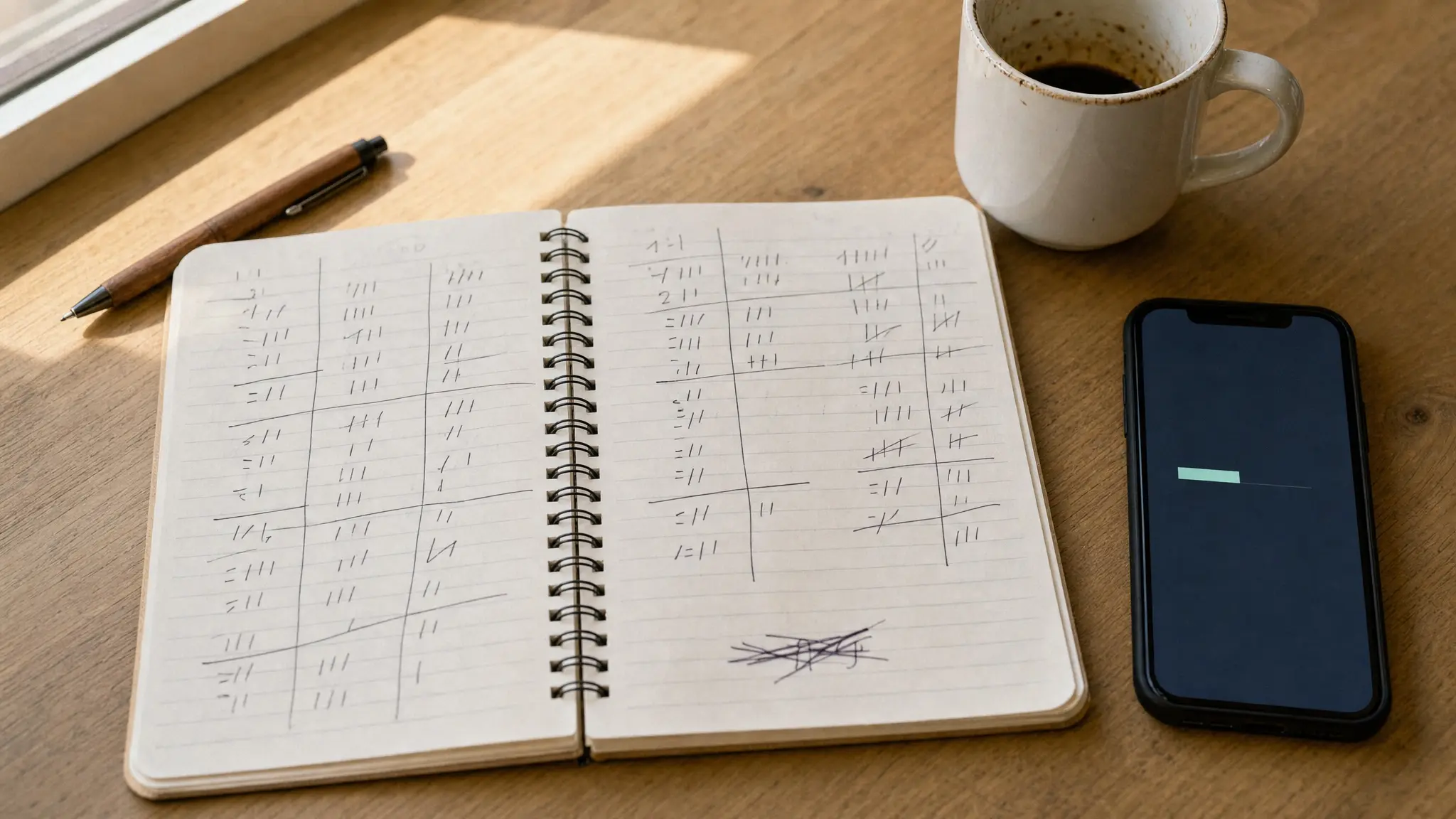 Handwritten notebook doing the math on real app earnings next to a phone and coffee