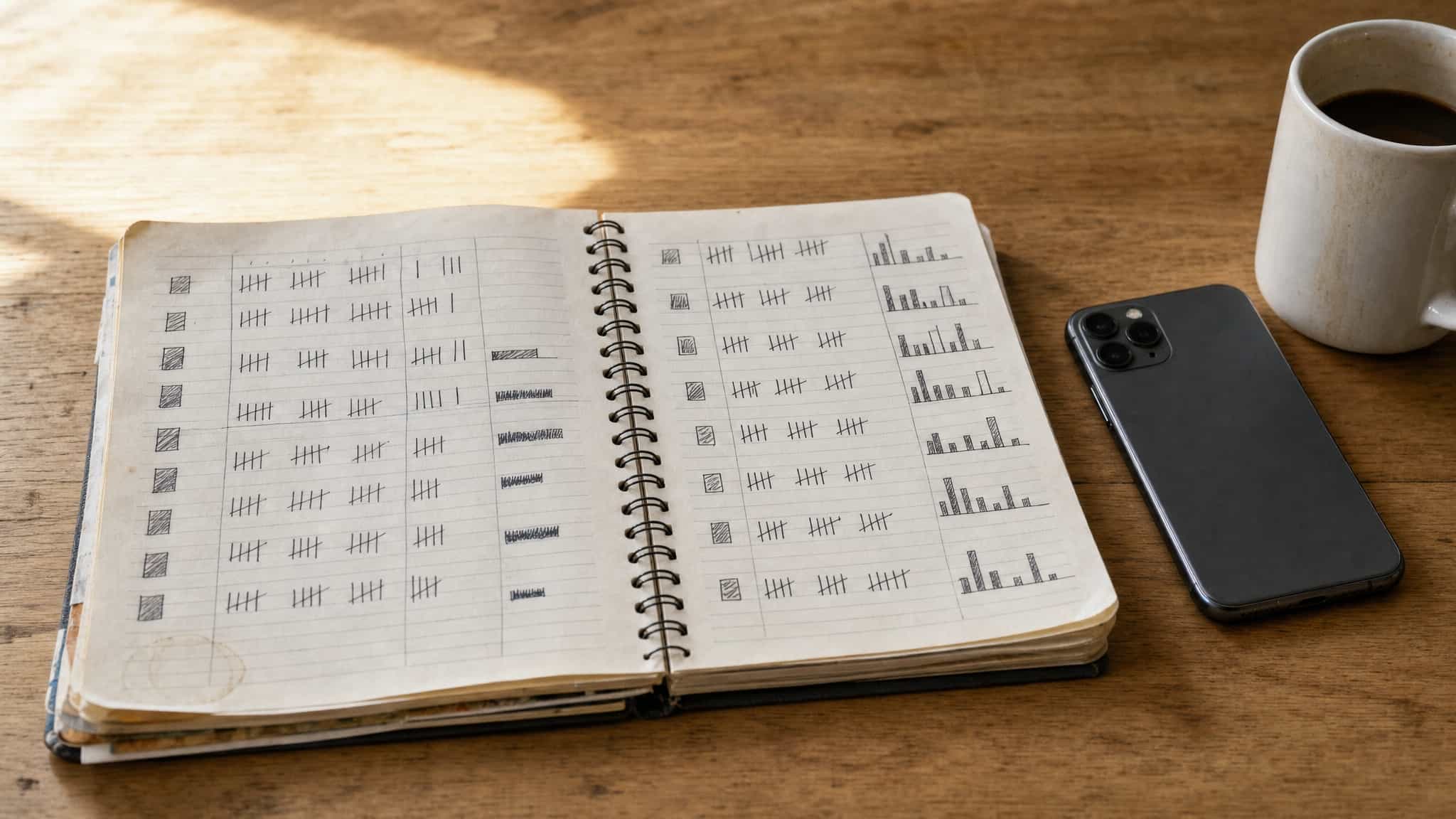Handwritten notebook tracking weekly earnings totals next to a phone and coffee