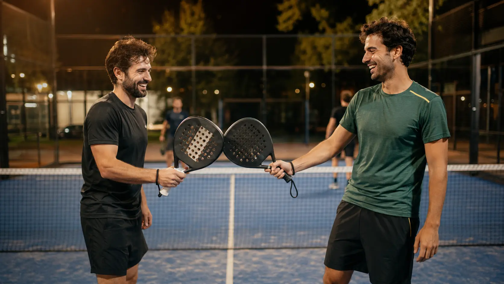 Dos compañeros de pádel festejando juntos un punto en la cancha con el vidrio del fondo detrás