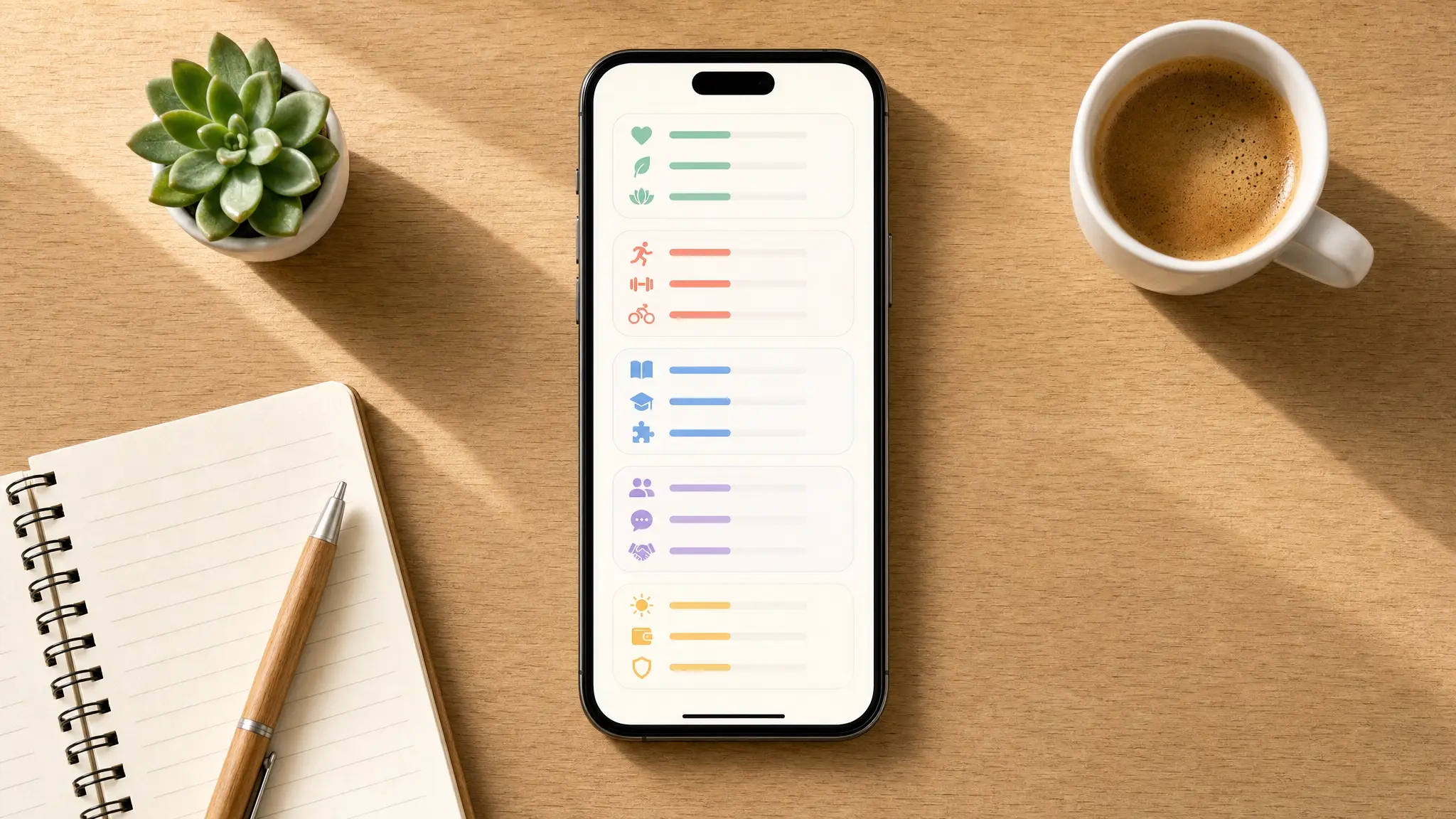 Top-down phone showing abstract grouped app categories with similar-length reward bars