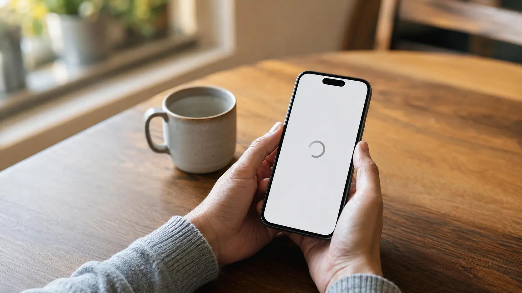 Person holding a phone showing an app that will no longer load, sitting at a kitchen table