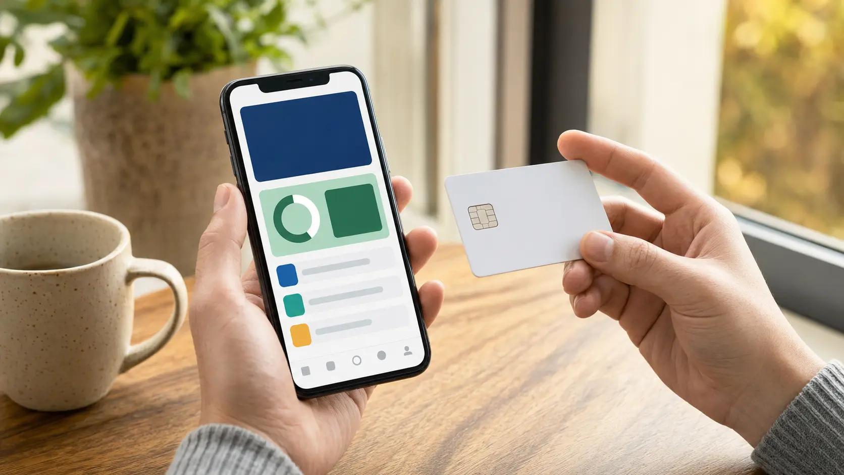 Celular mostrando el saldo en la app del banco mientras la persona sostiene una tarjeta de débito