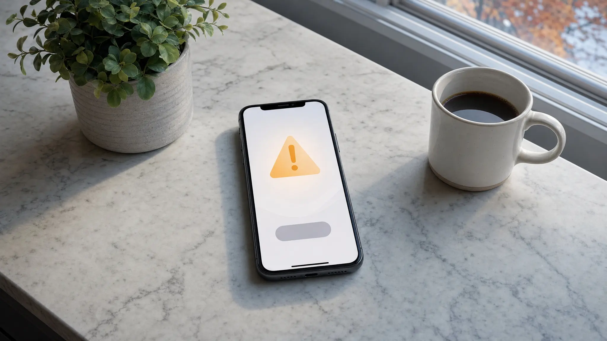 Celular sobre la mesada de una cocina mostrando una pantalla abstracta de advertencia sobre una estafa con una app para ganar dinero