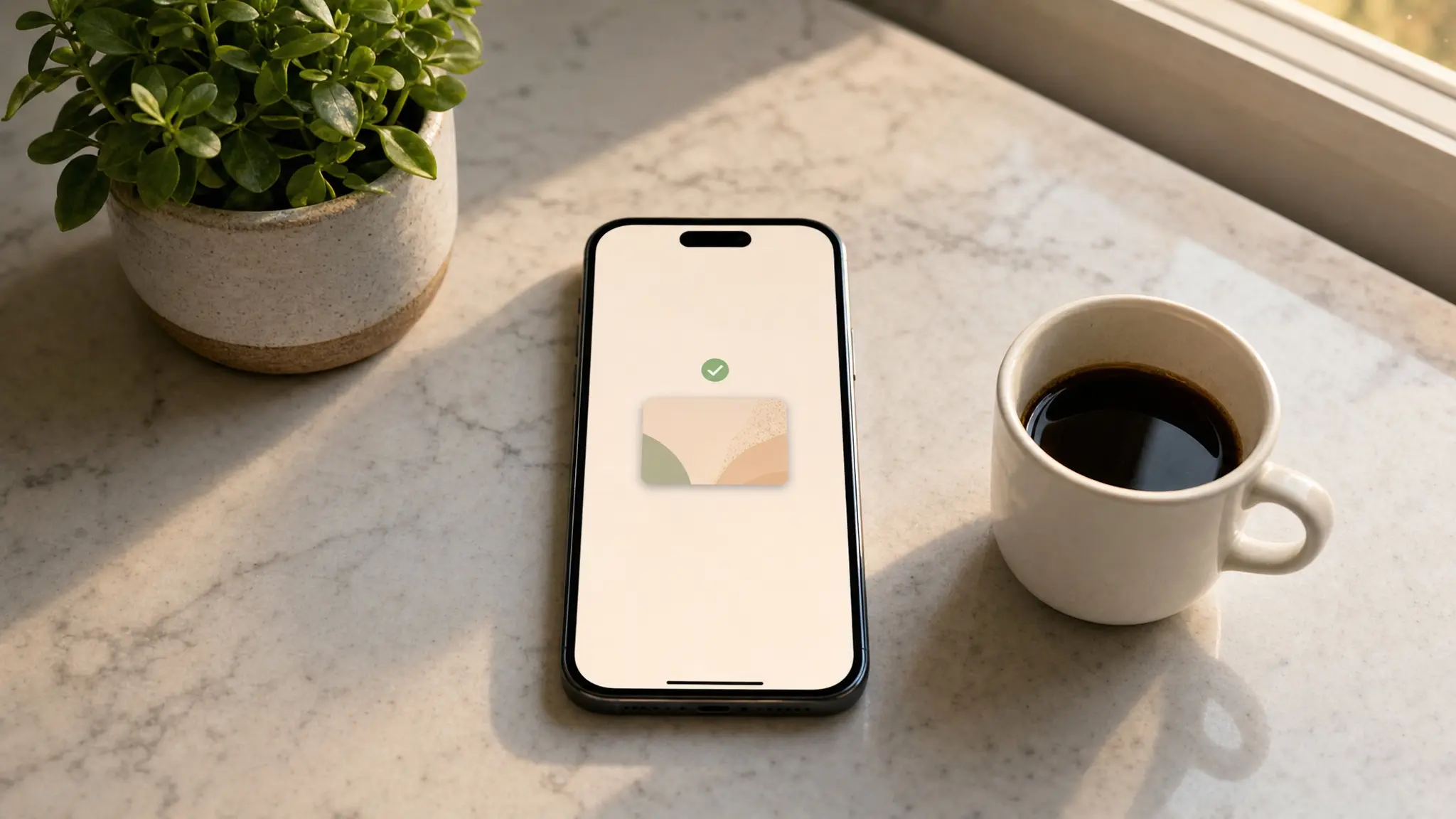 Phone on a kitchen counter showing an abstract gift-card redemption screen with a green checkmark