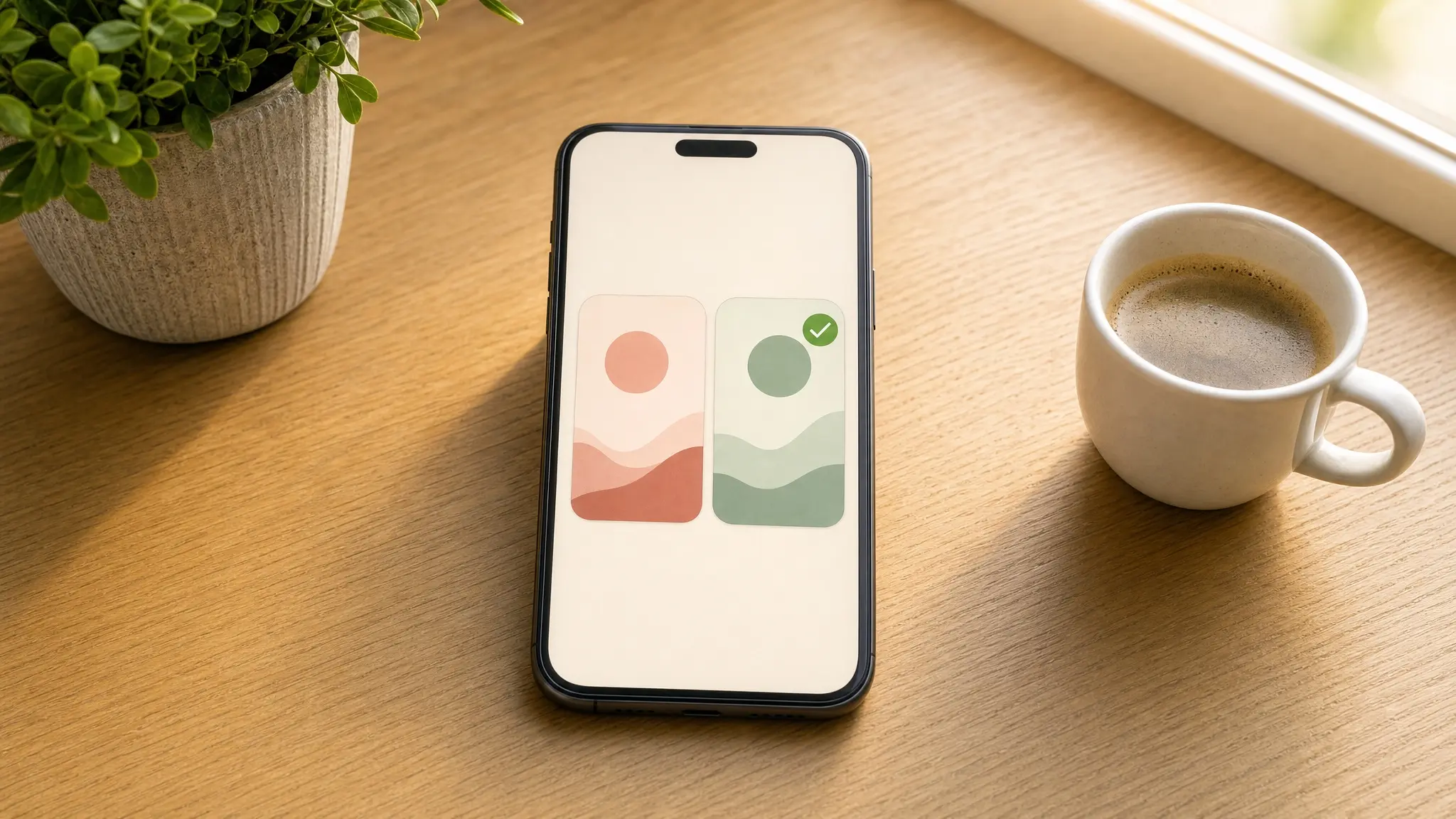 Celular numa mesa mostrando uma tela abstrata de decisão com duas opções e um check