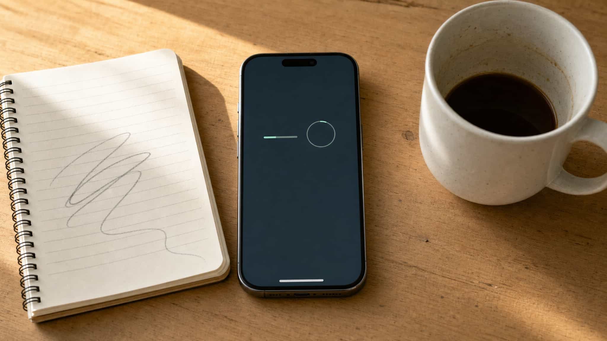 Phone on a desk showing an abstract low-balance result screen next to a notebook, an underwhelming result