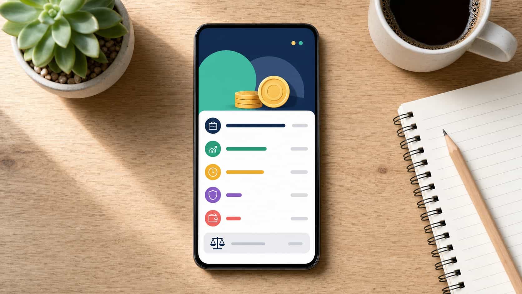 Phone beside a notebook on a desk showing an abstract earnings breakdown with small reward bars