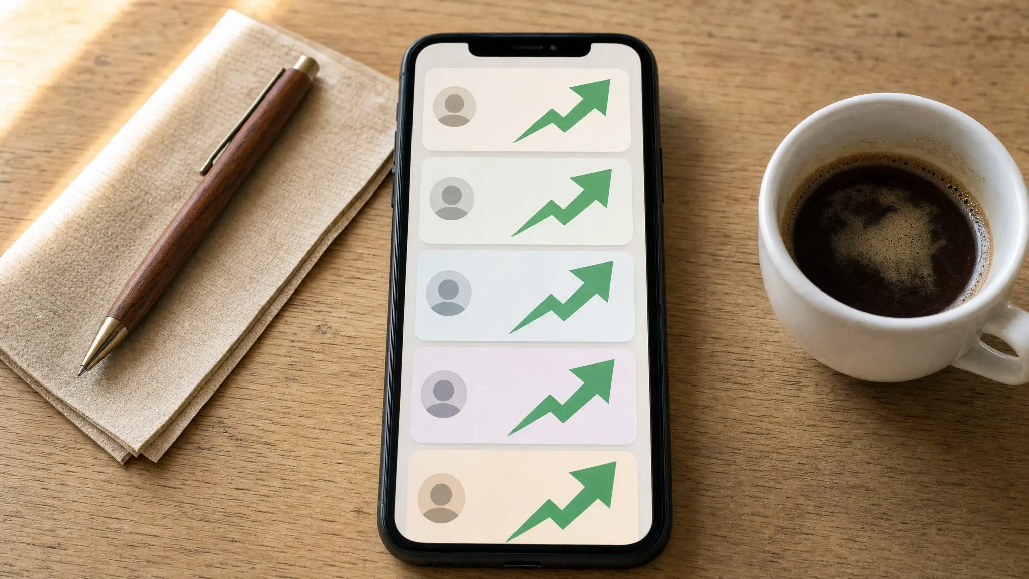Phone on a desk showing an abstract feed of exaggerated earning testimonials