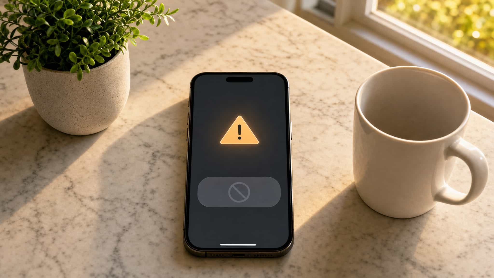 Celular numa bancada de cozinha mostrando uma tela abstrata de saque bloqueado com um símbolo de alerta
