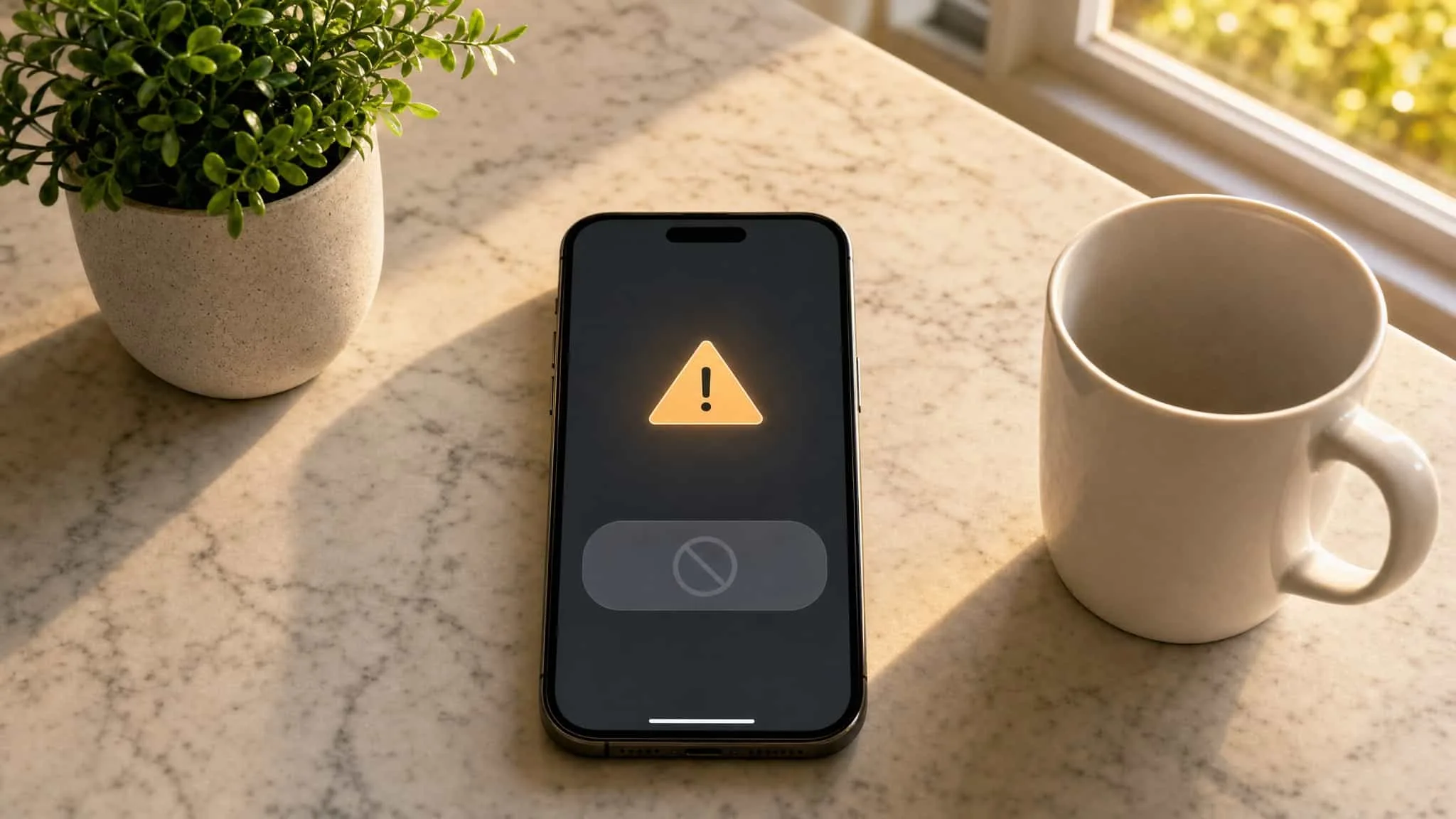 Celular numa bancada de cozinha mostrando uma tela abstrata de saque bloqueado com um símbolo de alerta