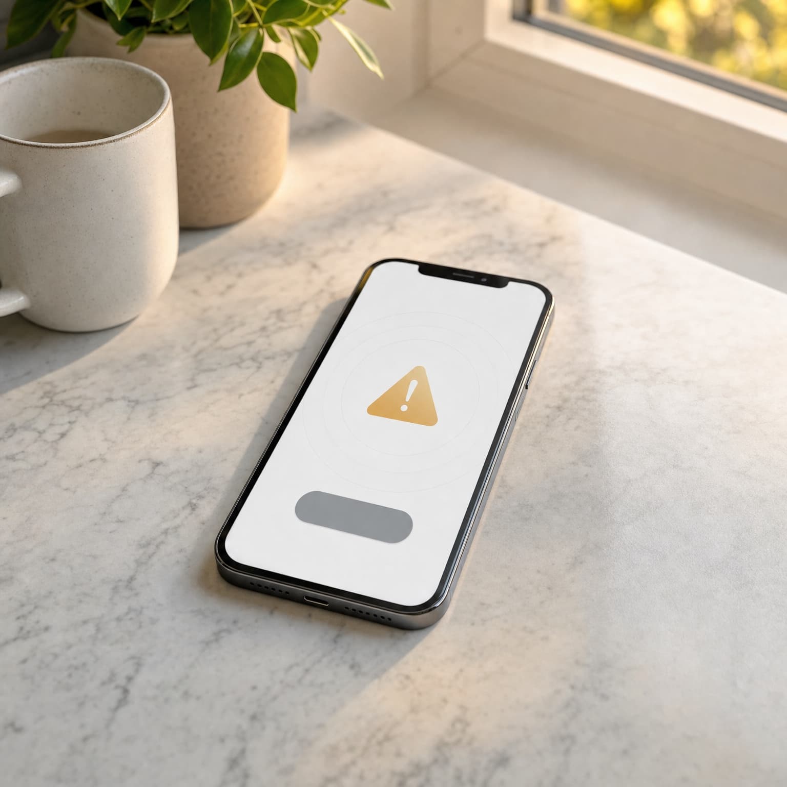 Phone on a kitchen counter showing an abstract stuck payout screen with a warning symbol