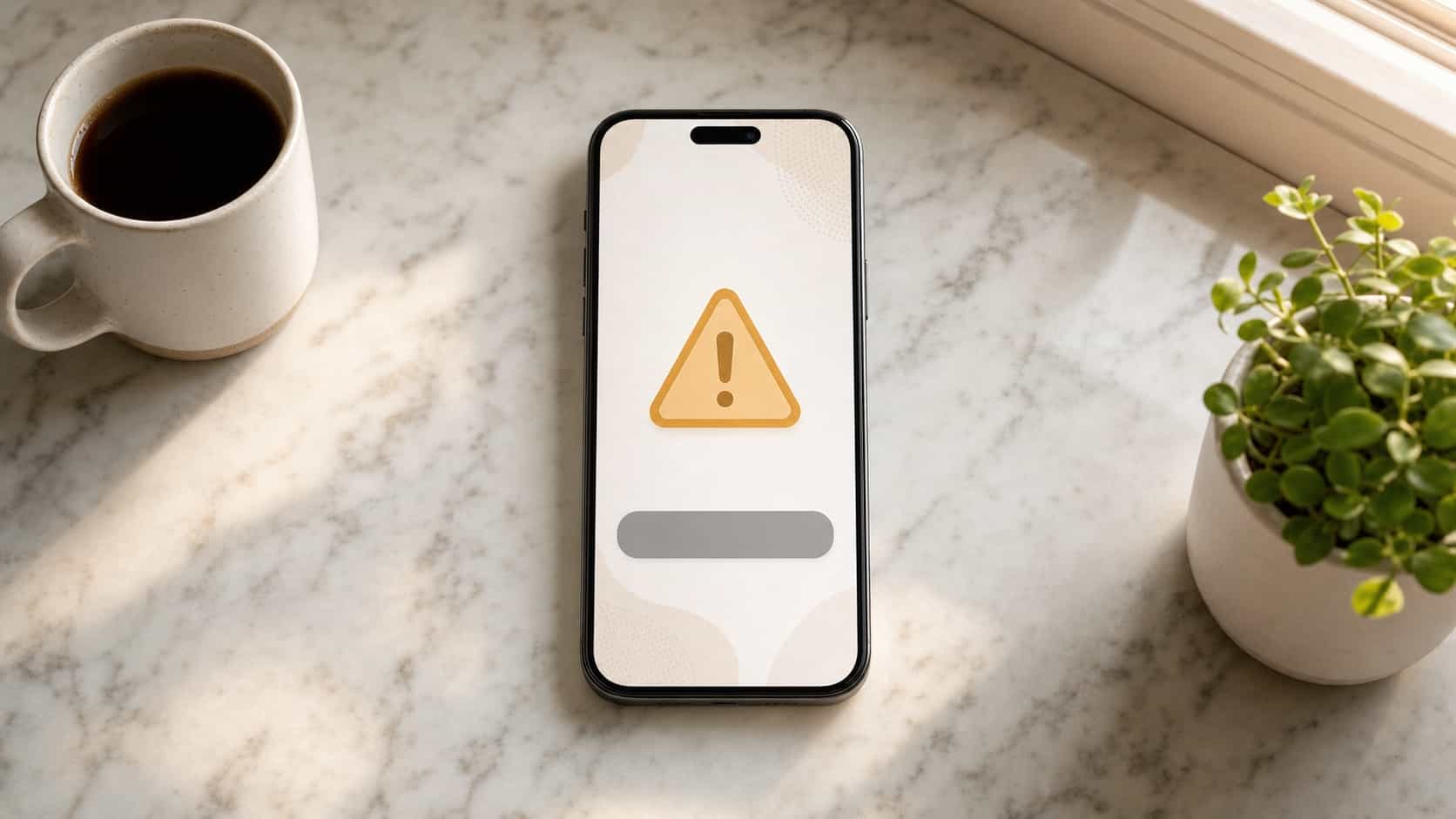 Phone on a kitchen counter showing an abstract blocked withdrawal screen with a warning symbol