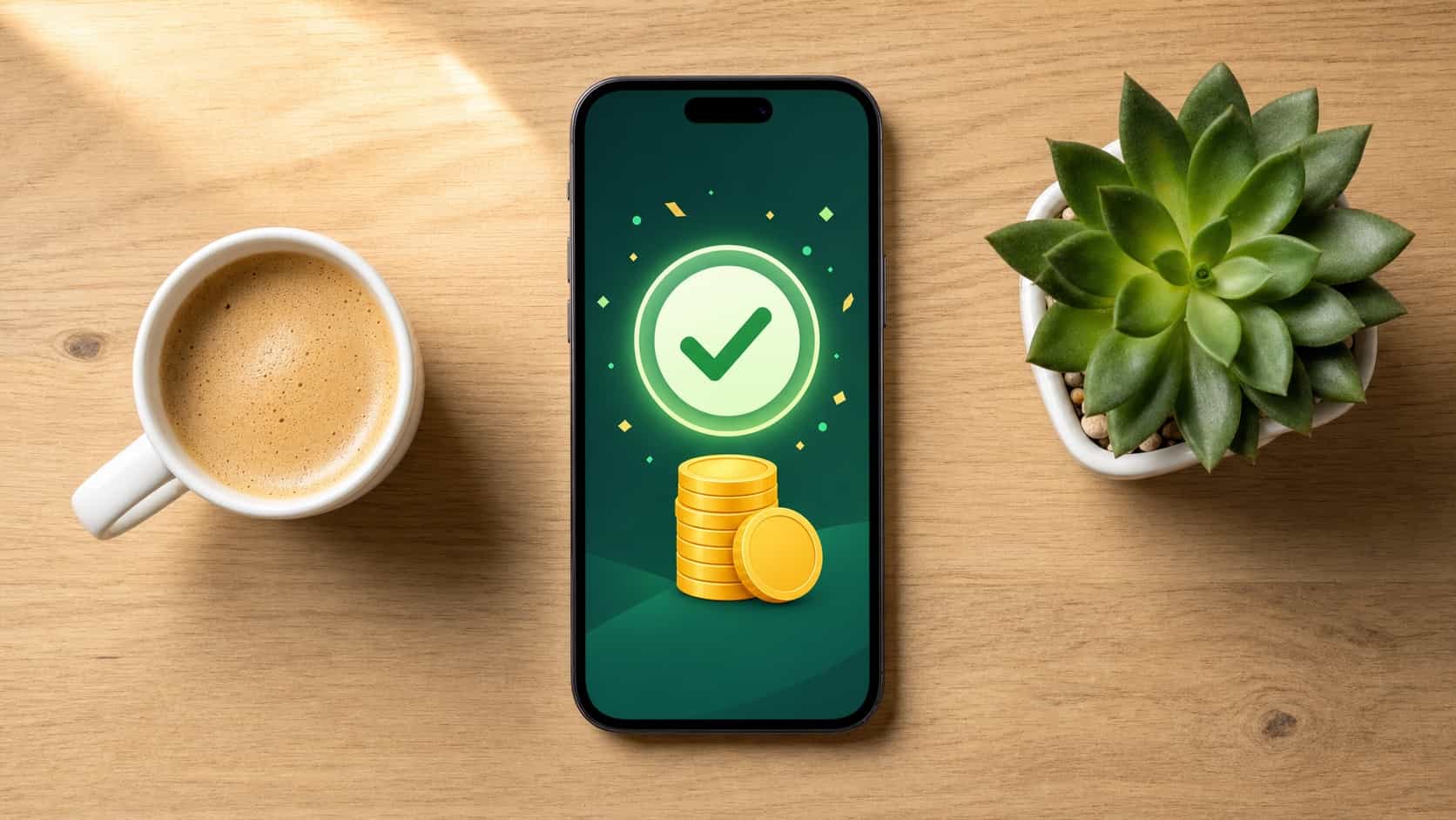 Phone on a desk showing an abstract verified game payout screen with a green checkmark next to coffee