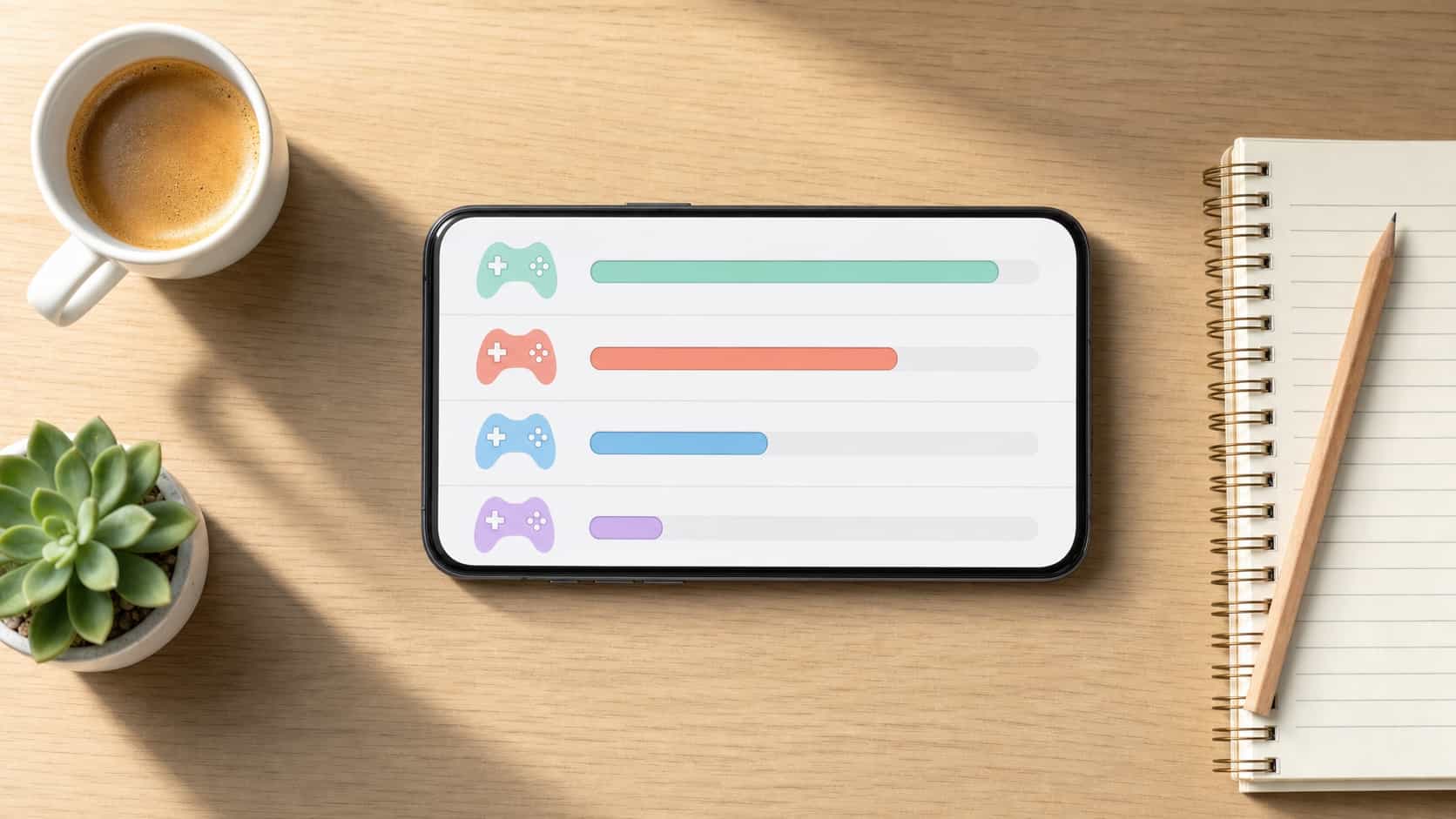 Top-down view of a phone showing an abstract comparison of paying games with reward bars next to coffee