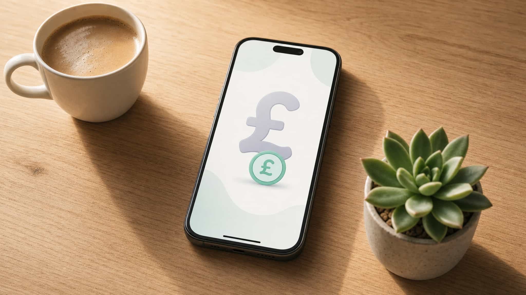 Celular numa mesa mostrando uma tela abstrata de pagamento em libra com um símbolo de libra ao lado de um café