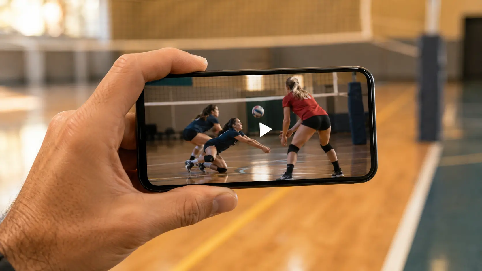Mano sosteniendo un celular al borde de la cancha, pantalla mostrando un cuadro congelado de una jugada en curso