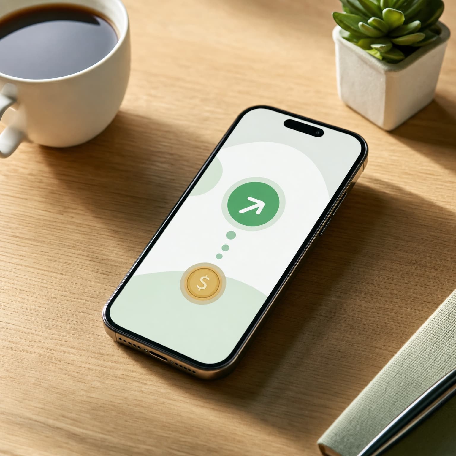 Phone on a desk showing an abstract instant transfer to account screen with a green arrow next to coffee