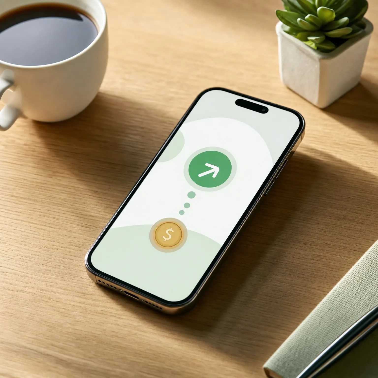 Celular sobre un escritorio mostrando una pantalla abstracta de transferencia instantánea a una cuenta con una flecha verde junto a un café