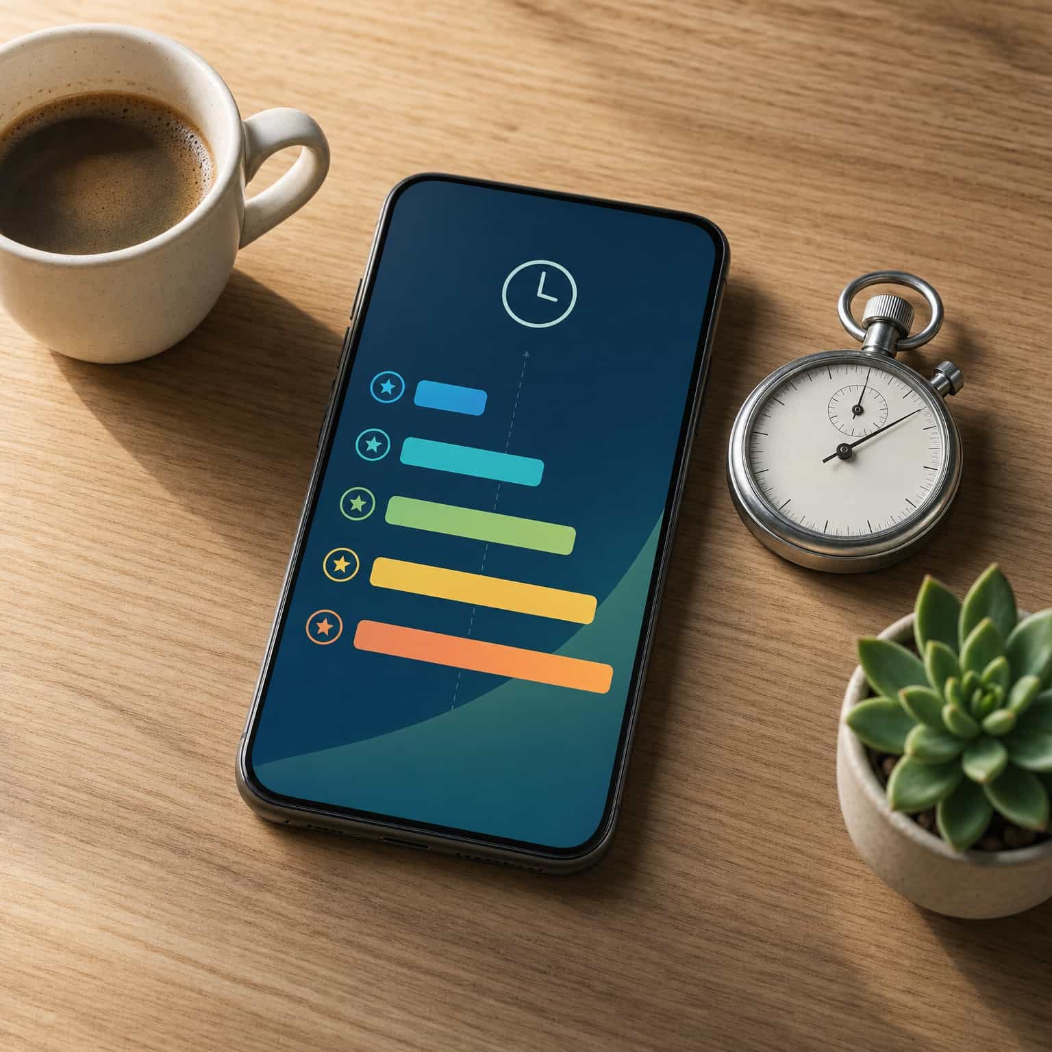 Phone beside a stopwatch on a desk showing an abstract hourly earnings breakdown with small bars