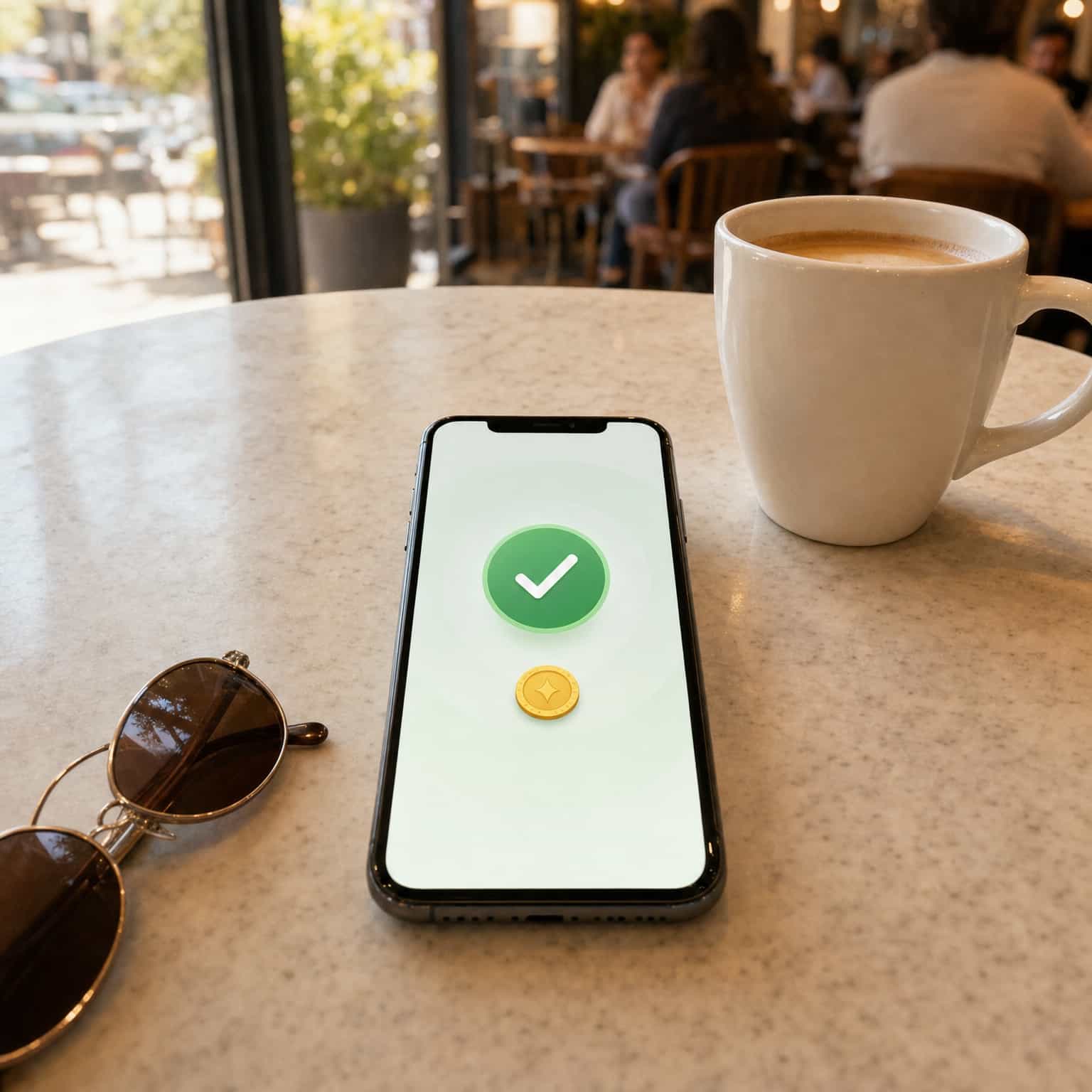Phone on a cafe table showing an abstract small confirmed payout screen next to a coffee mug