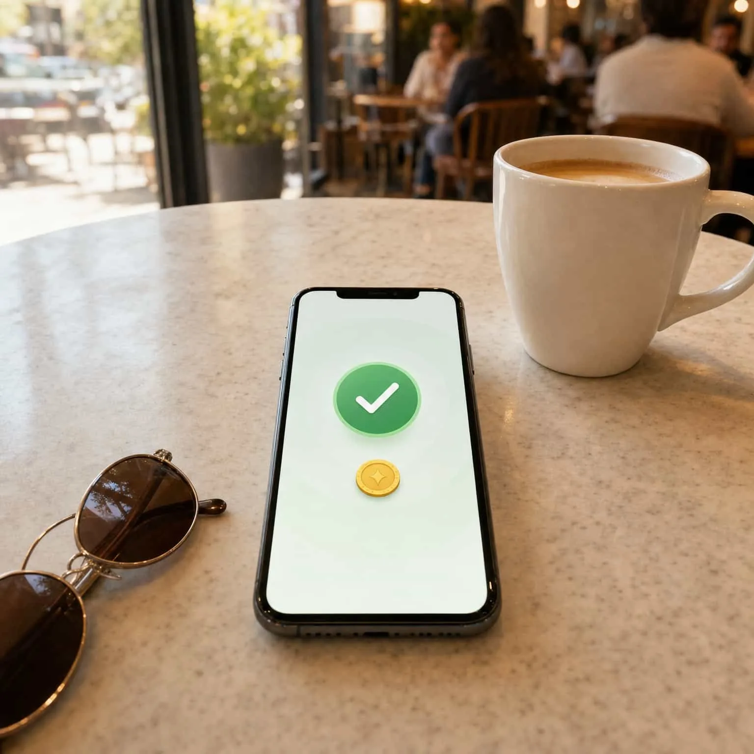 Phone on a cafe table showing an abstract small confirmed payout screen next to a coffee mug