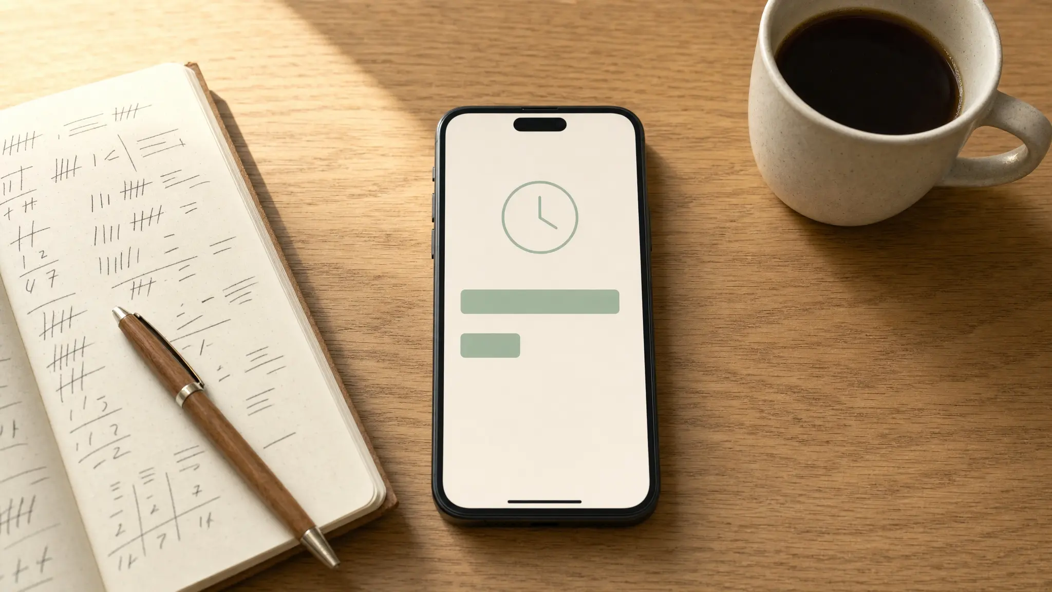 Celular numa mesa mostrando um resultado de recompensa muito pequeno ao lado de um relógio, uma taxa por hora decepcionante