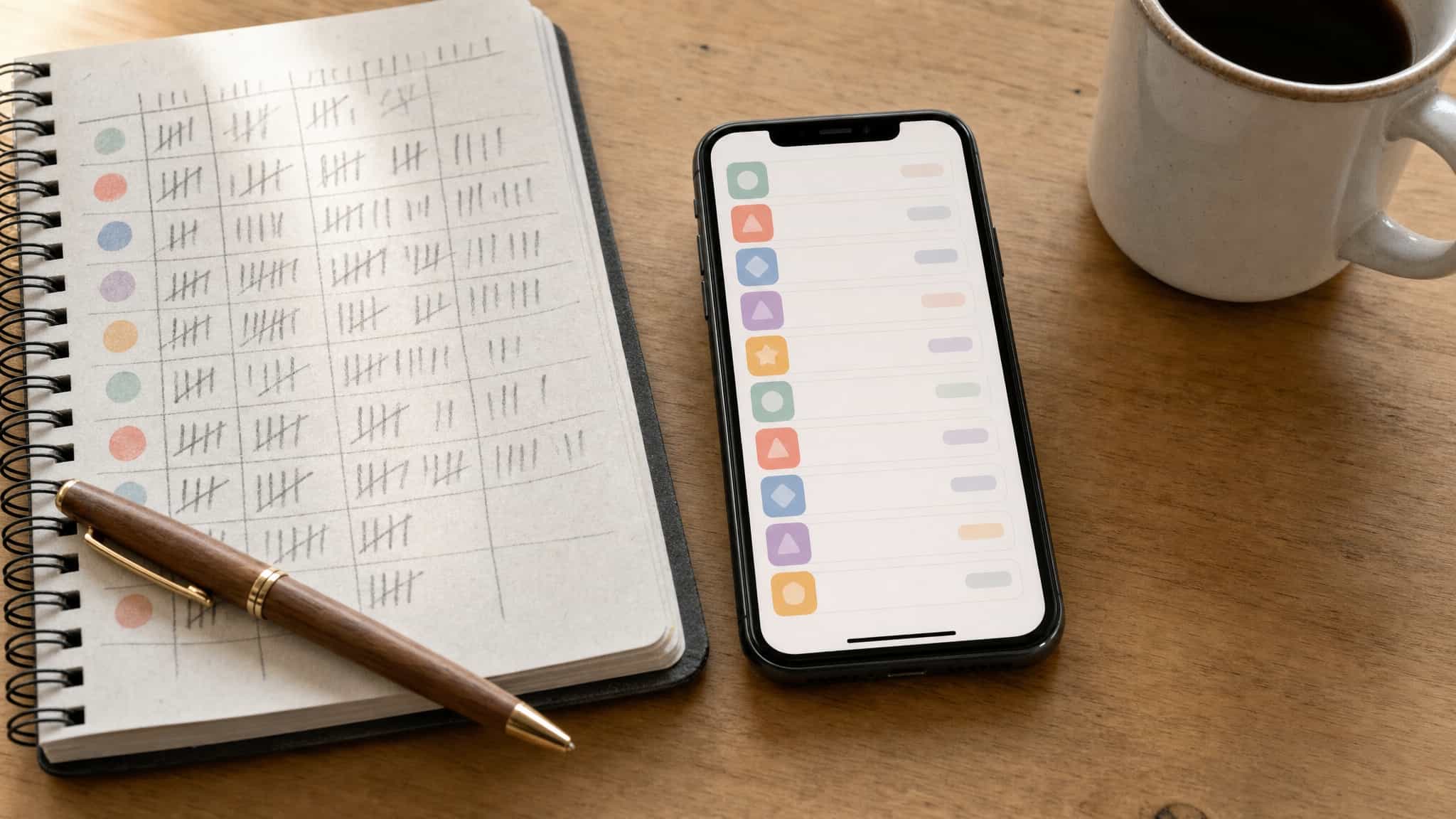 Phone on a desk next to a notebook with an abstract app-list tracking layout