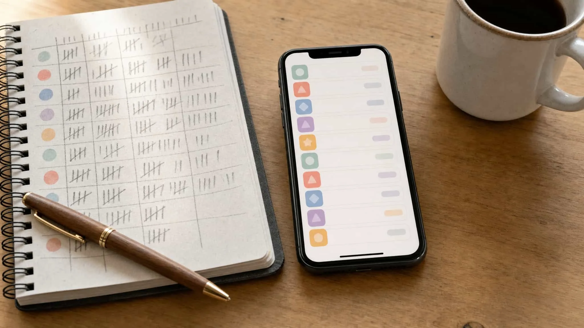 Phone on a desk next to a notebook with an abstract app-list tracking layout