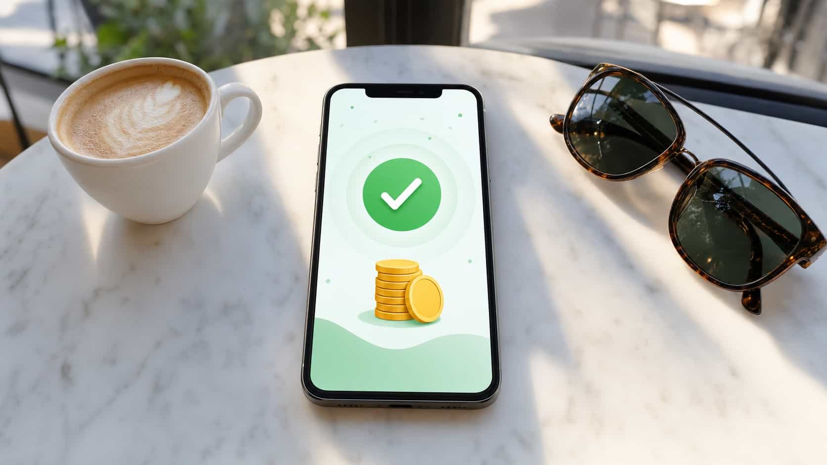 Phone on a cafe table showing an abstract confirmed cash-out screen with a green checkmark