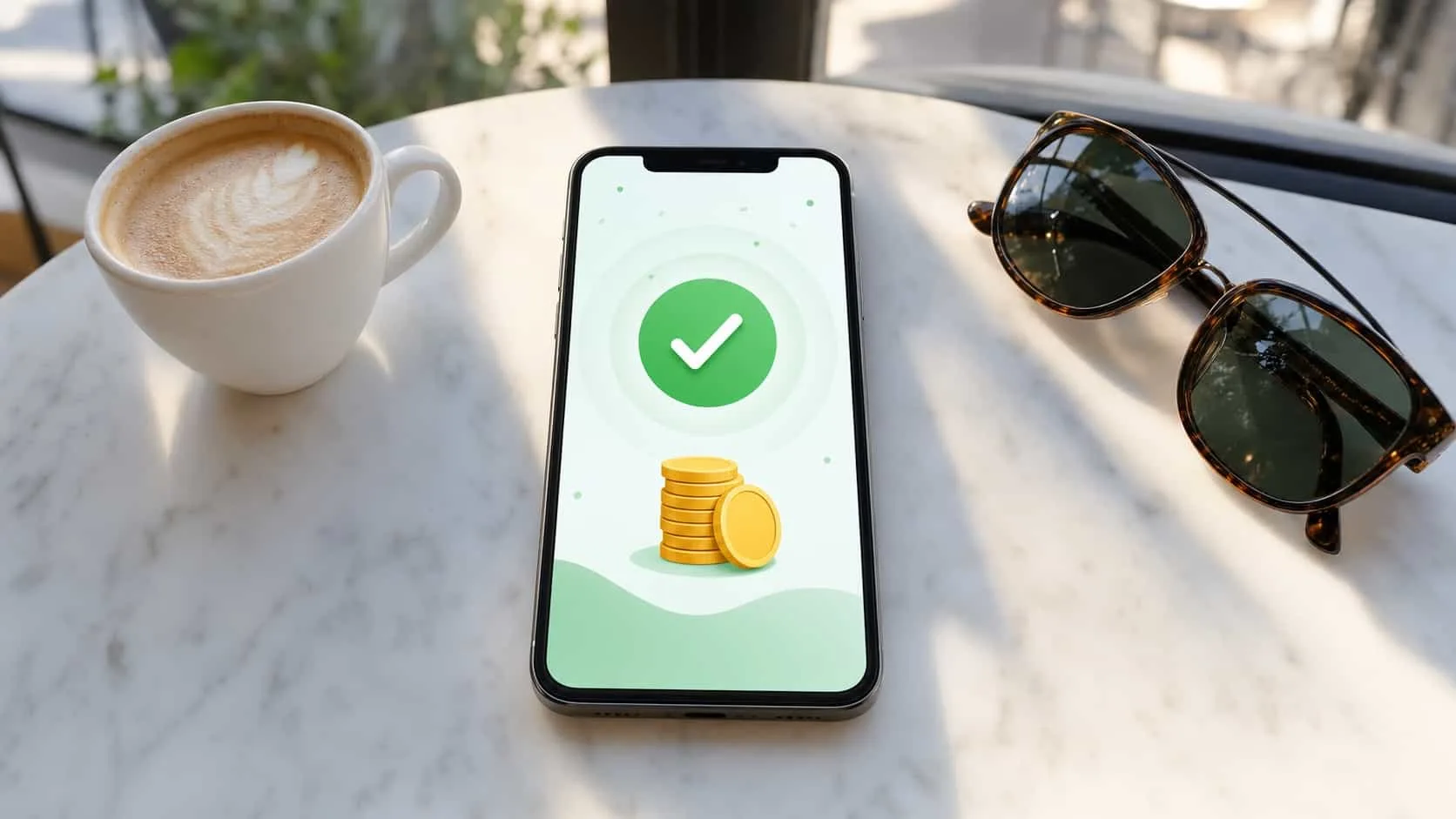 Celular sobre la mesa de un café mostrando una pantalla abstracta de cobro confirmado con un check verde
