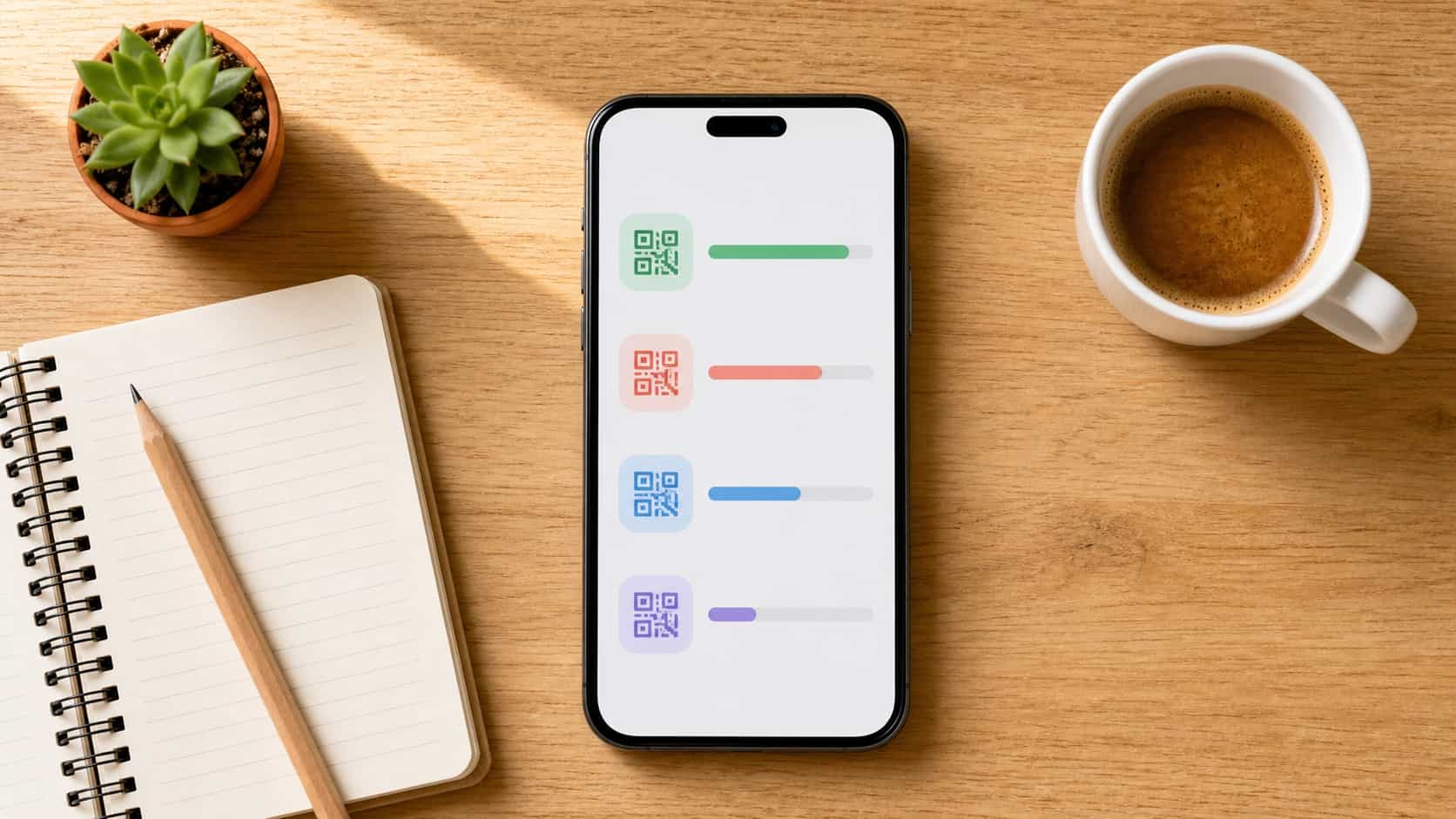 Top-down view of a phone on a desk showing an abstract comparison of QR apps with reward bars next to coffee