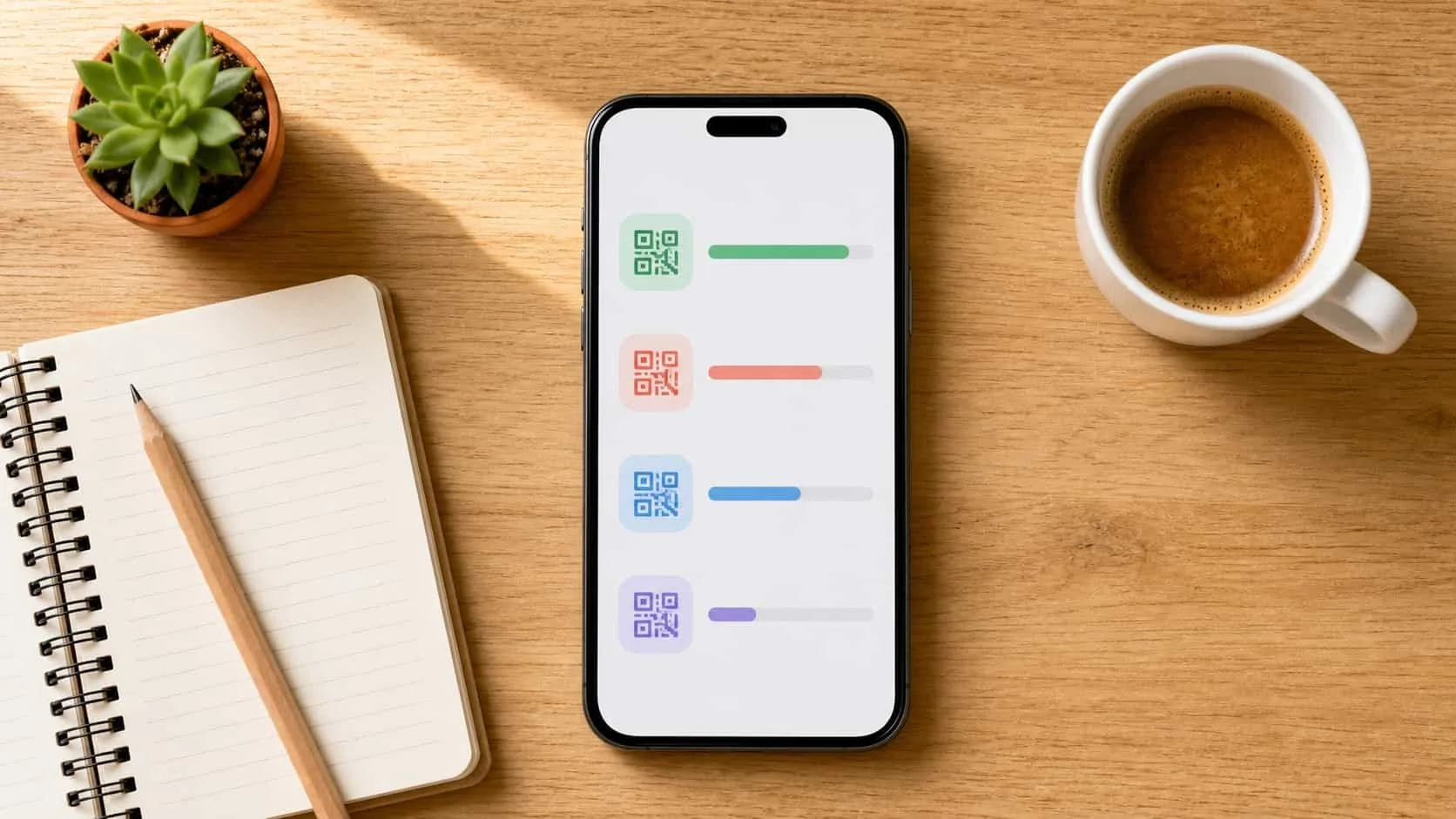 Top-down view of a phone on a desk showing an abstract comparison of QR apps with reward bars next to coffee