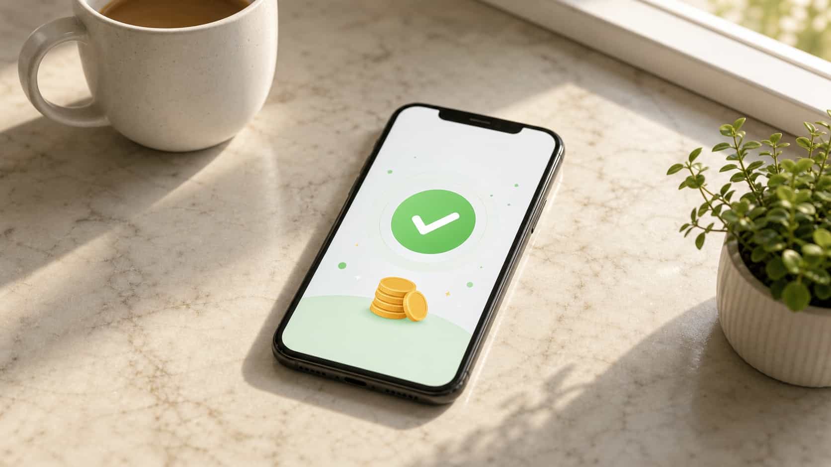 Phone on a kitchen counter showing an abstract confirmed payout screen next to a coffee mug