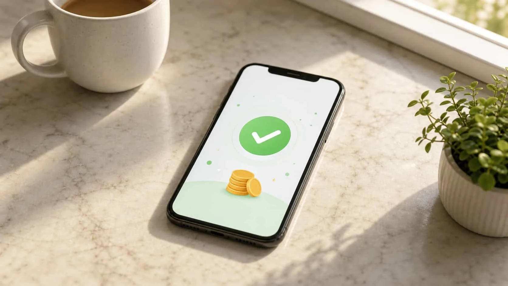 Phone on a kitchen counter showing an abstract confirmed payout screen next to a coffee mug