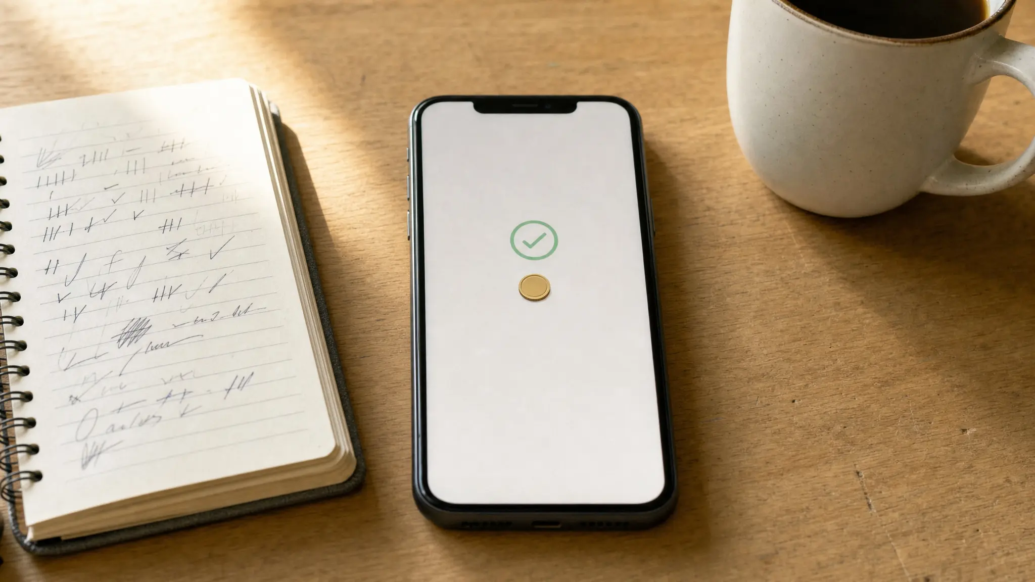 Phone on a desk showing an abstract modest but real confirmed payout next to a notebook