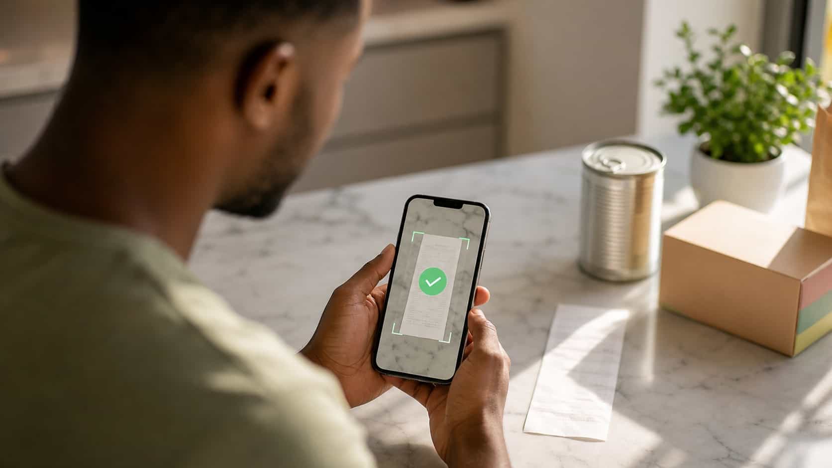 Hands on a kitchen counter holding a phone scanning a receipt with grocery items nearby