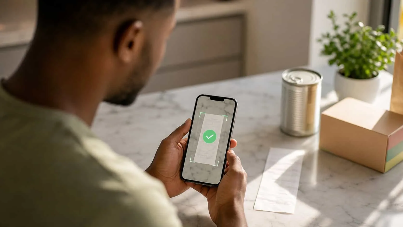 Manos sobre la mesada de una cocina sosteniendo un celular que escanea un ticket de compra con productos del supermercado al lado