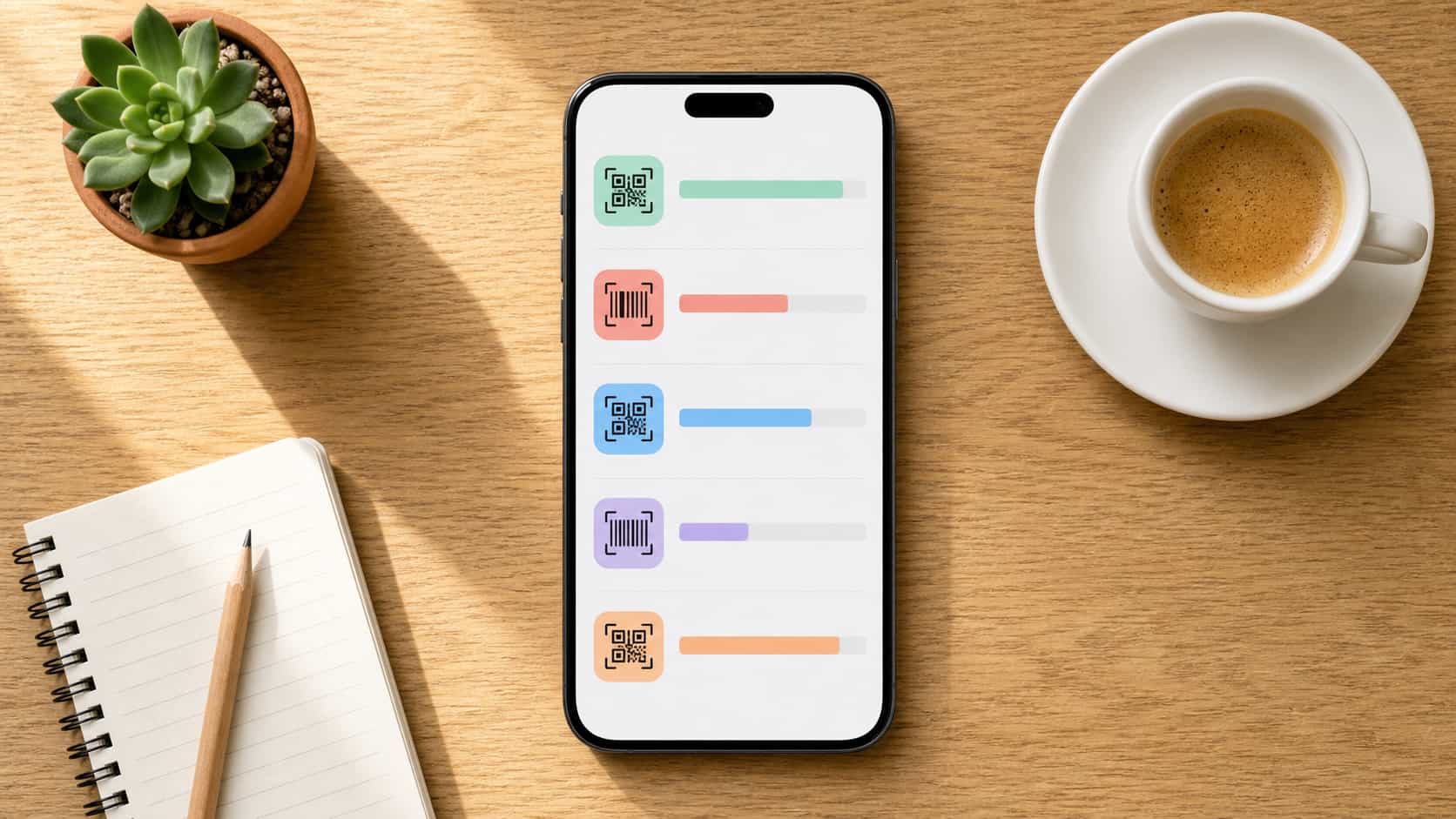 Top-down view of a phone on a desk showing an abstract comparison of scanning apps with reward bars next to coffee