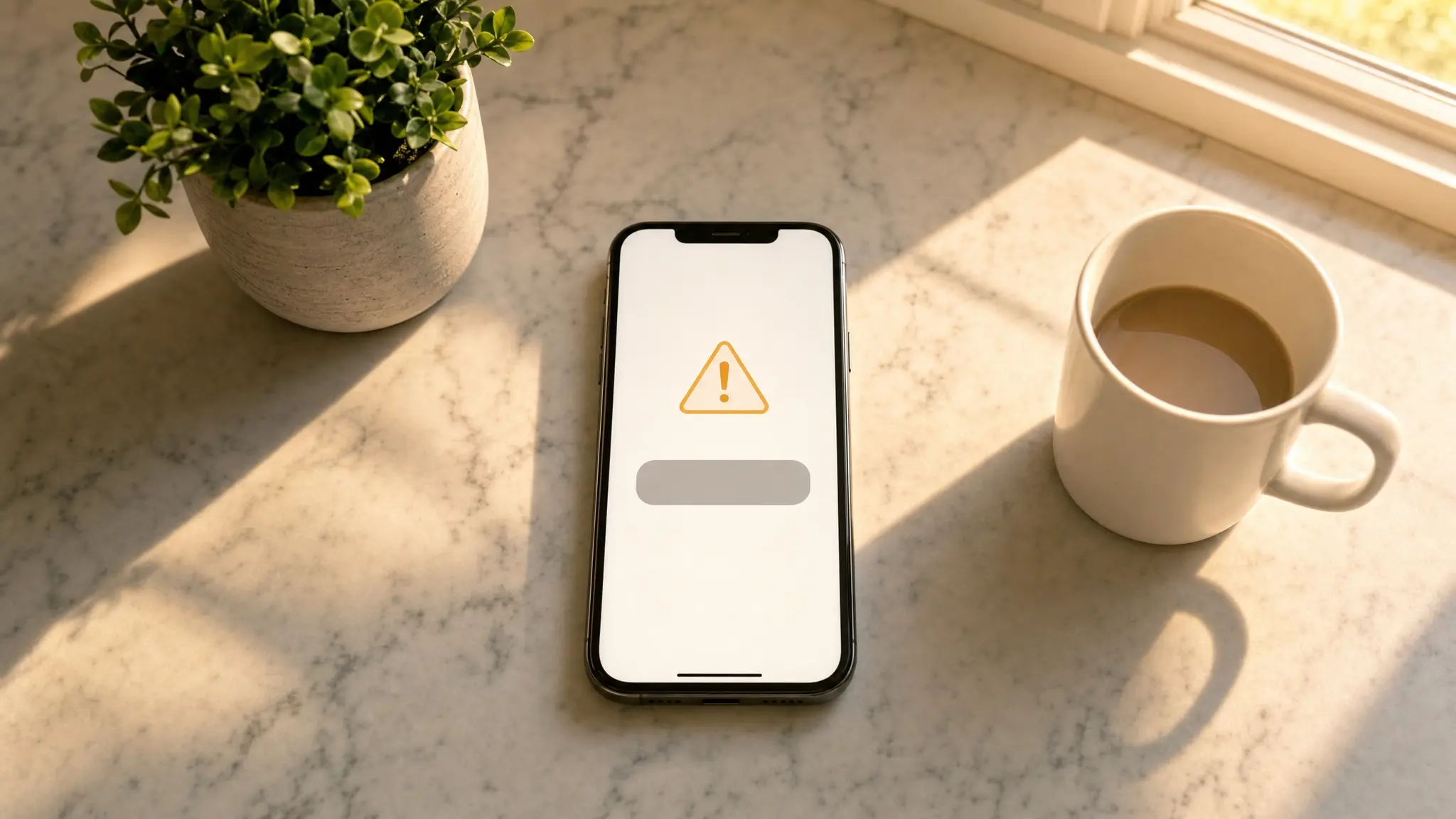 Celular sobre la mesada de una cocina mostrando un pago abstracto por pasos bloqueado con un símbolo de advertencia