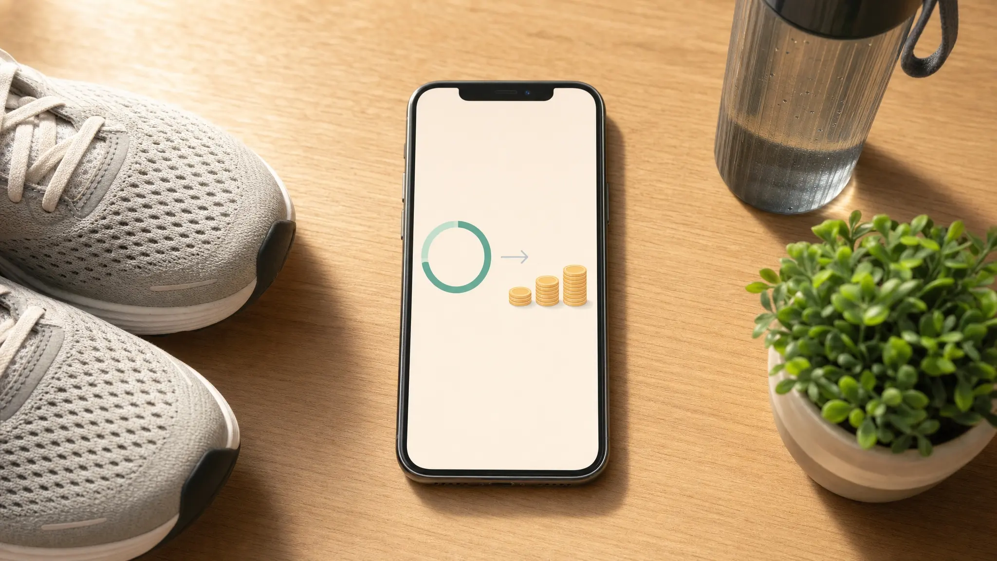 Phone beside running shoes on a desk showing an abstract steps-to-coins conversion screen