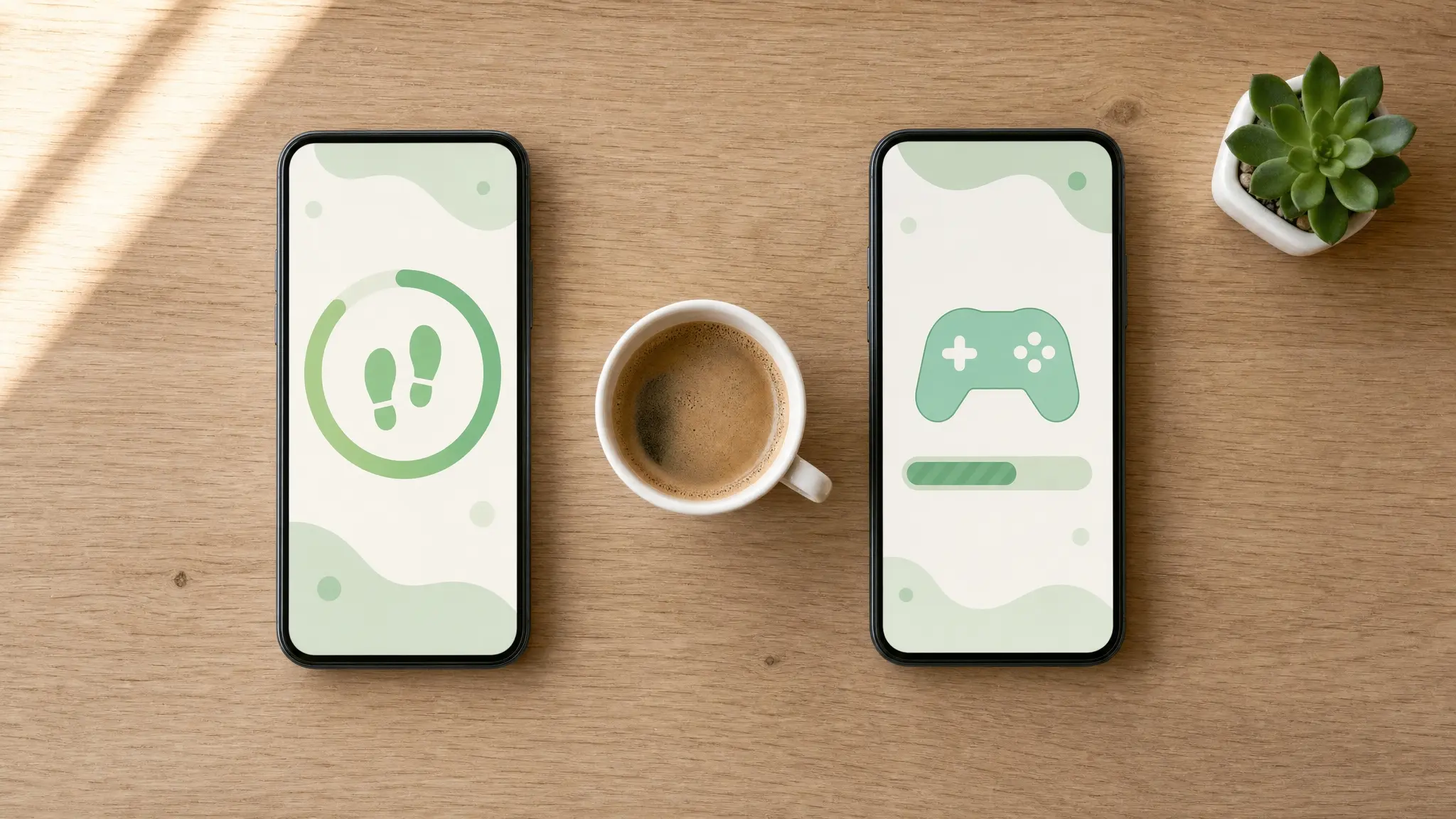 Dois celulares lado a lado numa mesa mostrando interfaces abstratas de contagem de passos e de recompensa de jogo