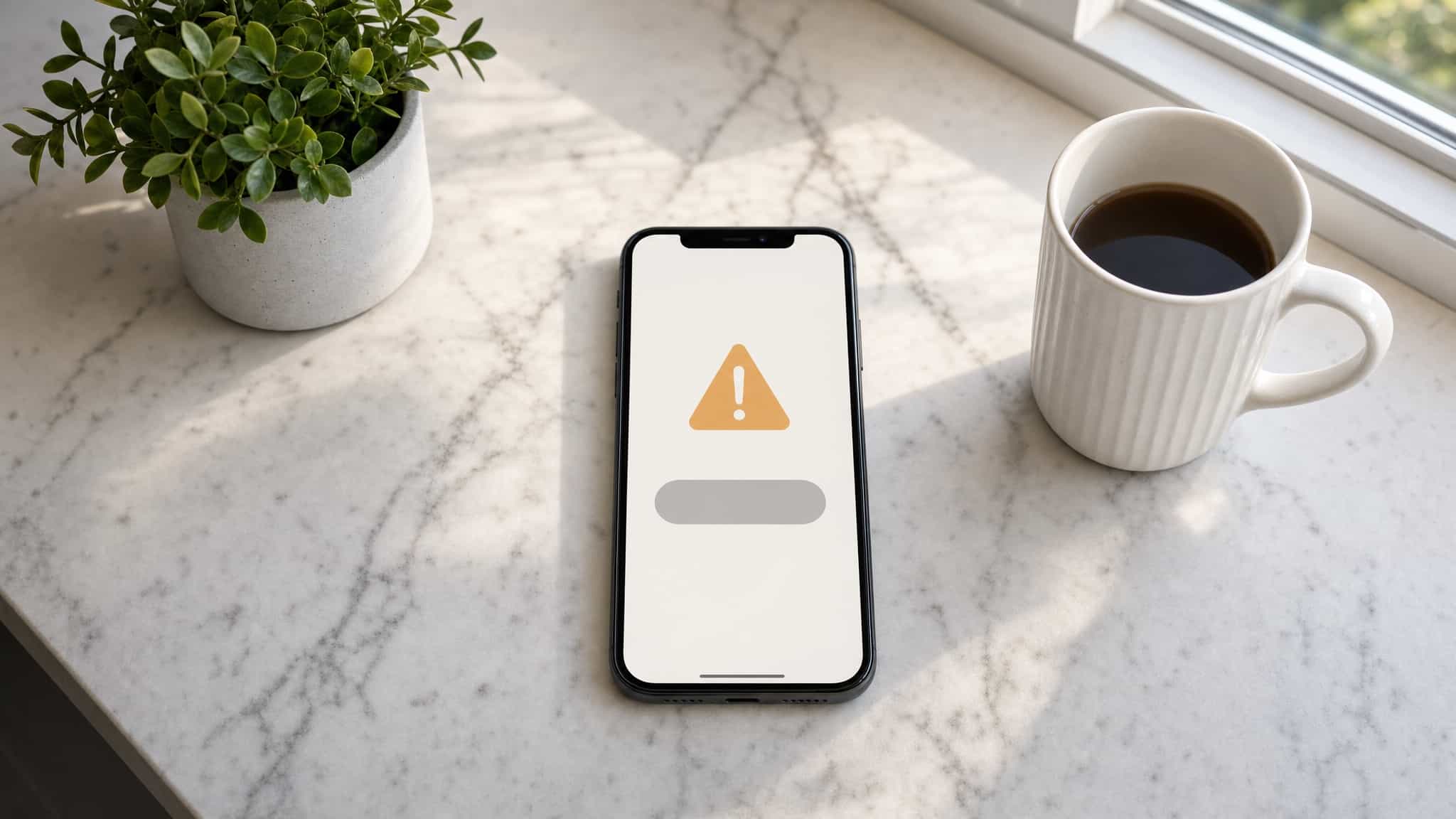 Celular numa bancada de cozinha mostrando uma tela abstrata de alerta sobre golpe de app de dinheiro