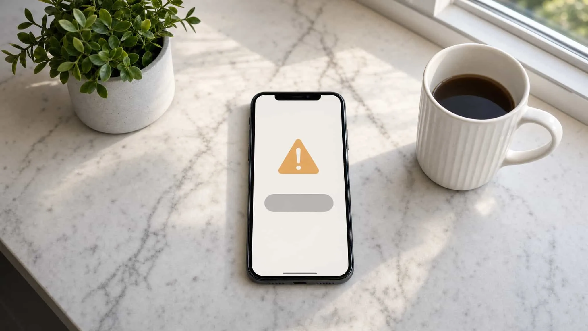 Phone on a kitchen counter showing an abstract warning screen about a money app scam