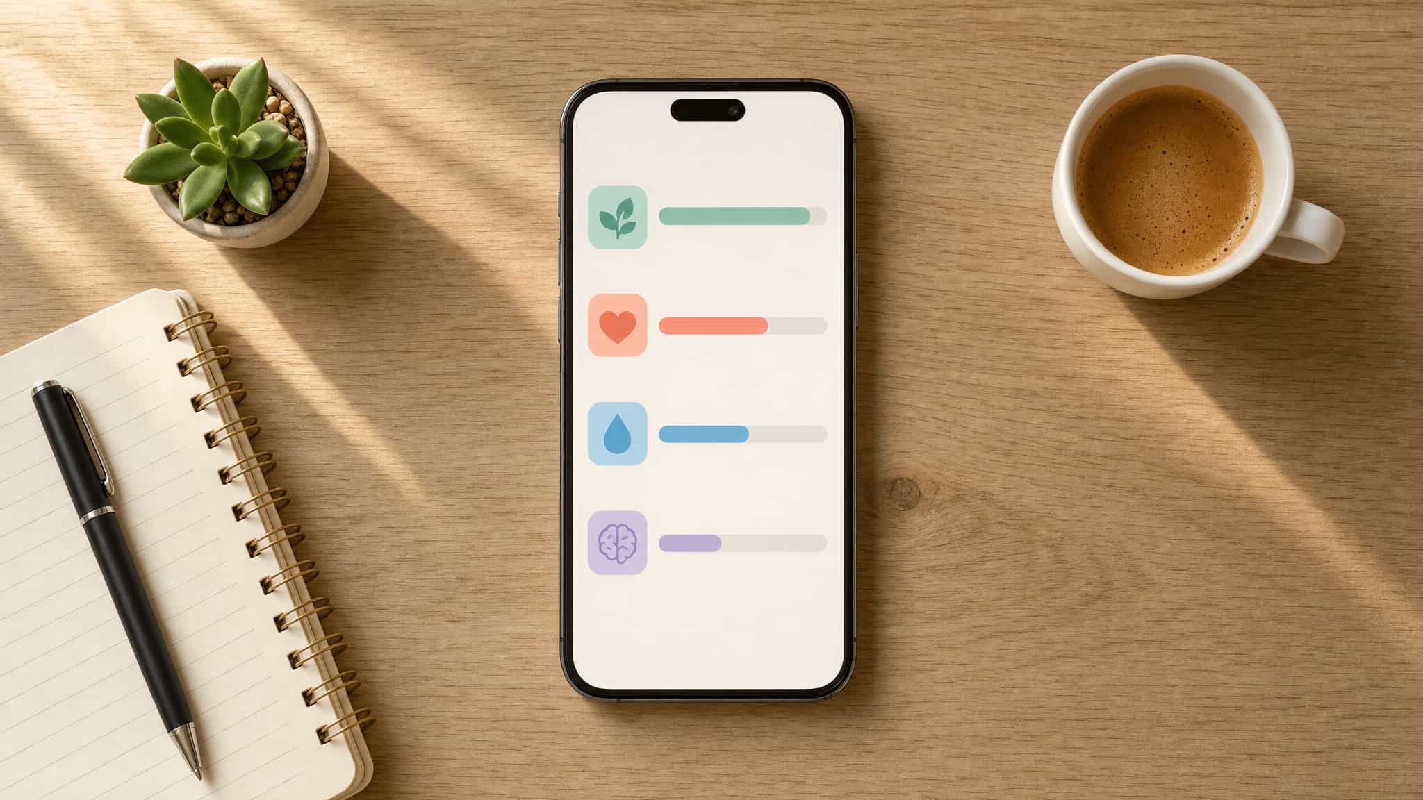 Vista superior de um celular mostrando uma comparação abstrata de apps de renda no Reino Unido com barras de recompensa ao lado de um café