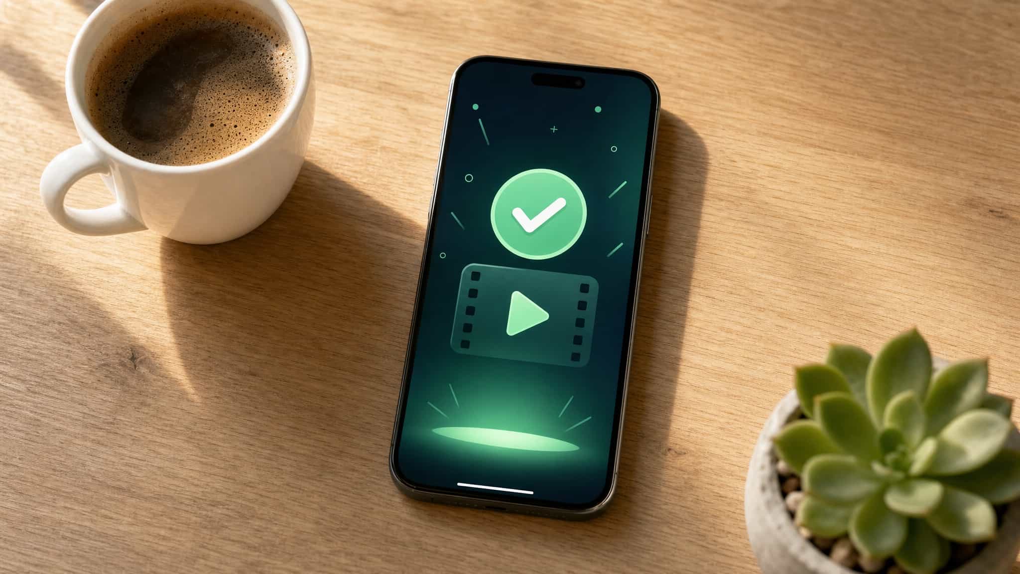 Celular numa mesa mostrando uma tela abstrata de recompensa por vídeo verificada com um check verde ao lado de um café
